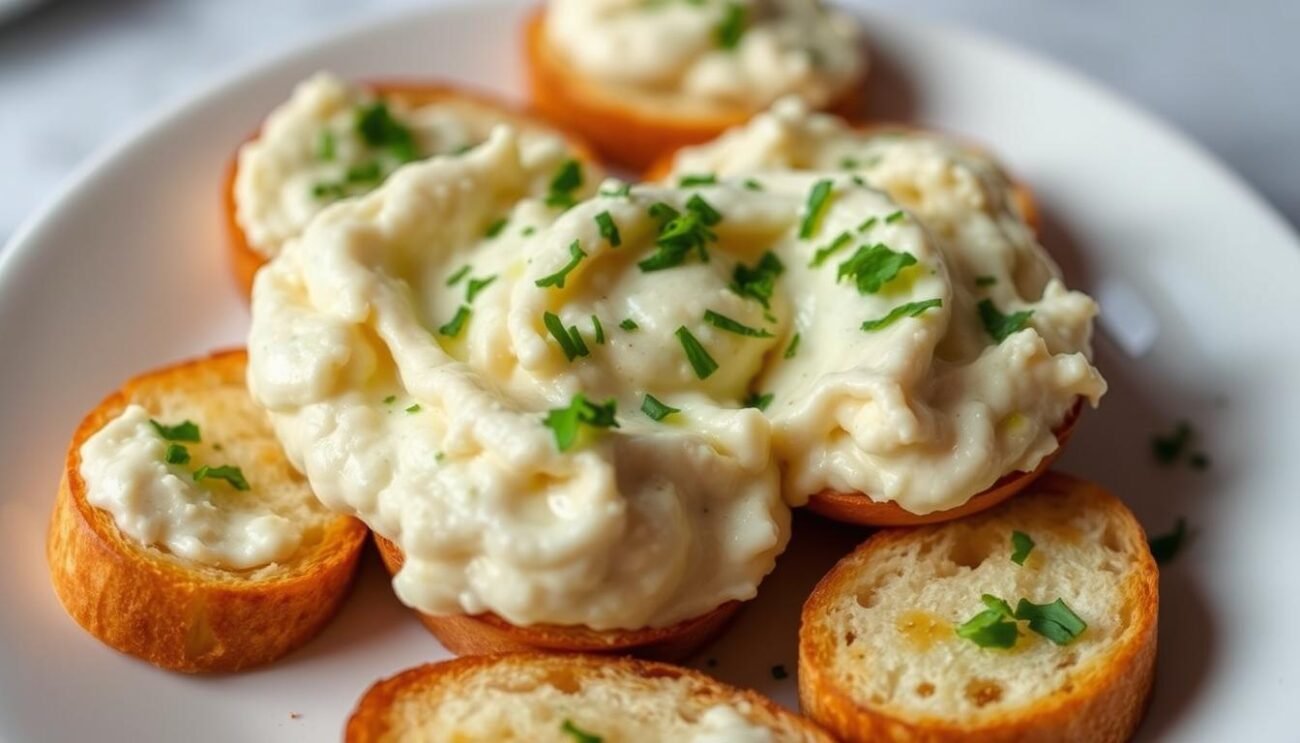 A delectable creamy spread of baccalà mantecato, made from shredded salt-cured cod gently whipped with olive oil, garlic, and fresh parsley. The smooth, velvety texture shines in the soft, diffused lighting, inviting you to savor it atop crisp, golden-brown crostini. The plate is arranged with care, the baccalà mantecato artfully dolloped and garnished with a sprinkle of chopped parsley, evoking the rustic simplicity of traditional Italian cuisine. Captured from a slightly elevated angle, the image conveys the appetizing appeal of this iconic Venetian delicacy, ready to be enjoyed as part of an authentic Italian culinary experience.