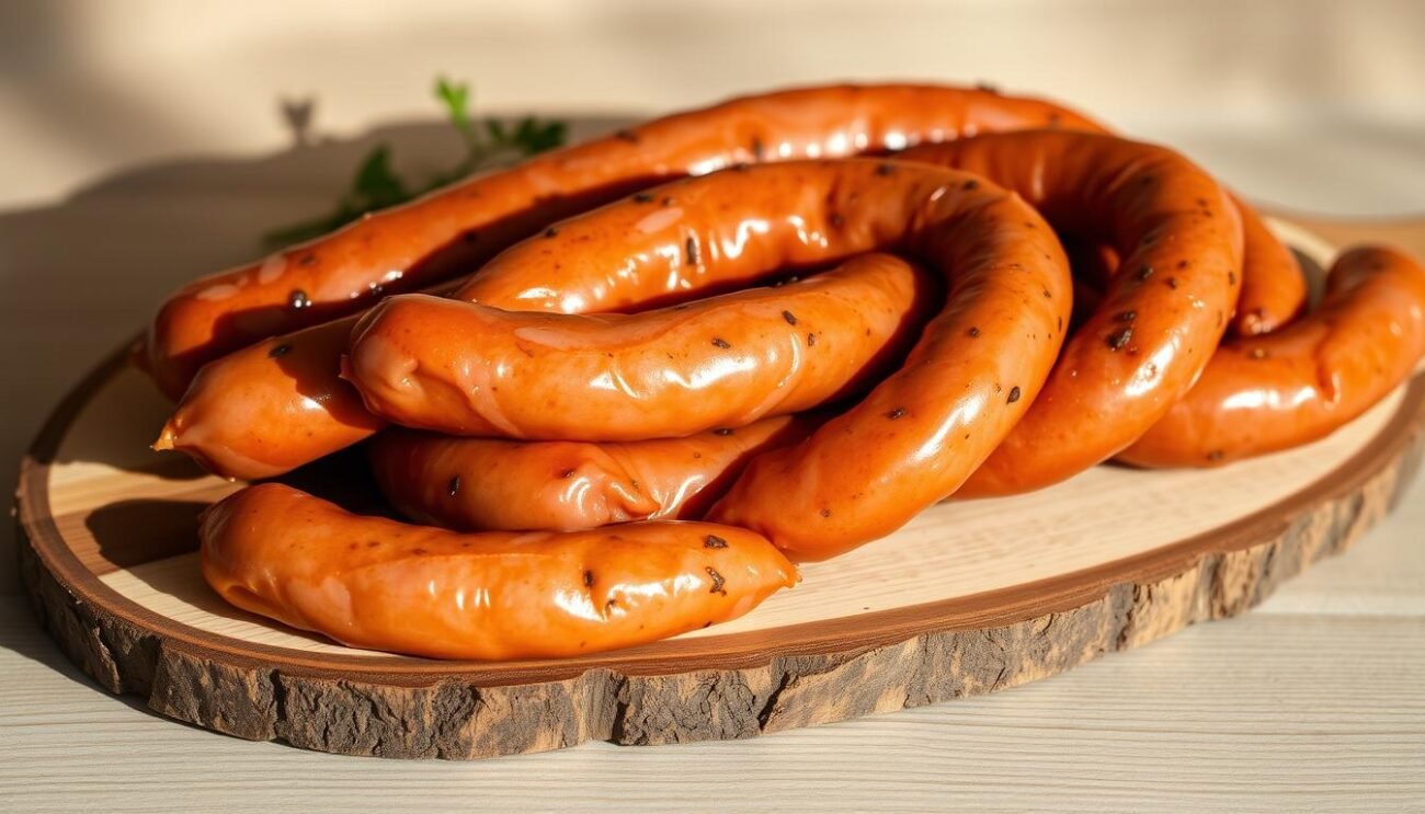 A delectable display of freshly made salsicce, nestled on a rustic wooden board. The savory links glisten under warm, natural lighting, their casings a rich, golden-brown hue. Flecks of fennel and black pepper add depth and complexity to the blend, while a faint aroma of garlic and herbs wafts through the air. The salsicce are arranged in a visually appealing manner, accentuating their plump, handcrafted form. A simple, yet elegant backdrop of neutral tones allows the star of the scene - the salsicce - to take center stage, inviting the viewer to imagine the flavorful delights that await within.