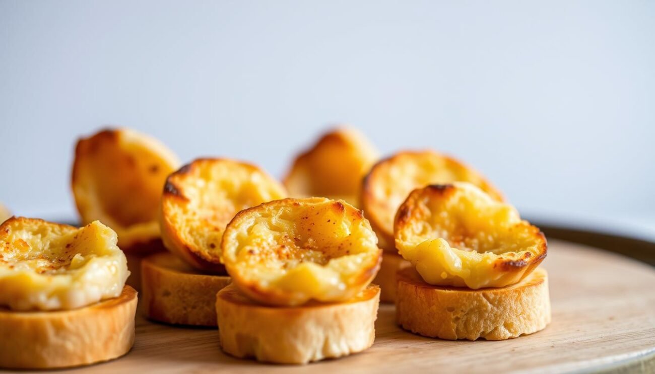 A delectable display of freshly toasted crostini, their golden-brown surfaces glistening under the soft, diffused lighting. The crunchy, bite-sized pieces of bread stand upright, ready to be adorned with an array of toppings - perhaps a creamy, flavorful pâté de foie gras, or a vibrant tomato bruschetta. The scene exudes a sense of rustic Italian charm, inviting the viewer to imagine the savory flavors and textures that await. The crostini are the centerpiece, framed by a simple, minimalist background that allows them to take center stage. This image perfectly captures the essence of the crostini, showcasing their versatility and their role as a quintessential part of the Italian culinary tradition.