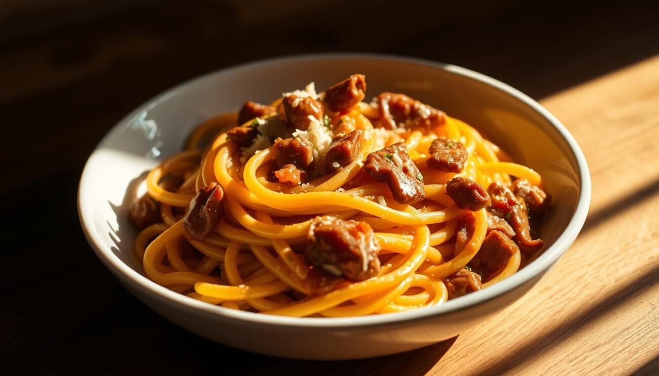 A delectable plate of pasta alla gricia, the quintessential Roman dish. Nestled on a white ceramic dish, the al dente strands of bucatini are coated in a luscious, creamy sauce made from rendered guanciale, pecorino Romano, and a splash of starchy pasta water. The golden hue of the sauce is accentuated by the warm, raking light that casts dramatic shadows, highlighting the textural interplay between the crisp guanciale and the silky pasta. The image is captured with a shallow depth of field, drawing the viewer's attention to the central composition while softening the background details. The overall mood is one of rustic simplicity and refined elegance, perfectly embodying the essence of this iconic Roman culinary masterpiece.