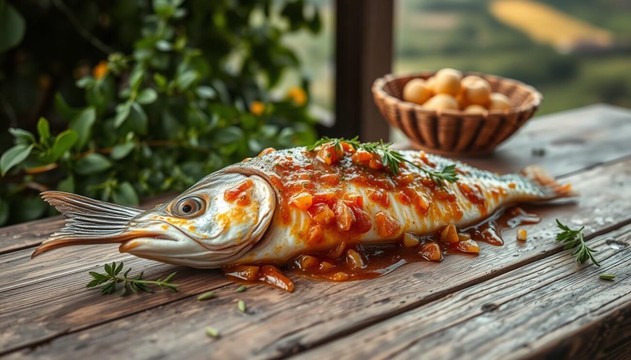 A delectable seafood dish, pesce in carpione, rests upon a rustic wooden table. The fish, freshly caught, is coated in a tantalizing agrodolce marinade - a harmonious blend of sweet and sour flavors. The arrangement showcases the dish's origins, with a backdrop of lush, verdant foliage and a glimpse of the serene Lodi countryside. Soft, diffused lighting casts a warm, inviting glow, evoking the traditional methods and rich history of this regional specialty. The image captures the essence of this iconic Italian delicacy, transporting the viewer to the heart of the Lodigiano region.