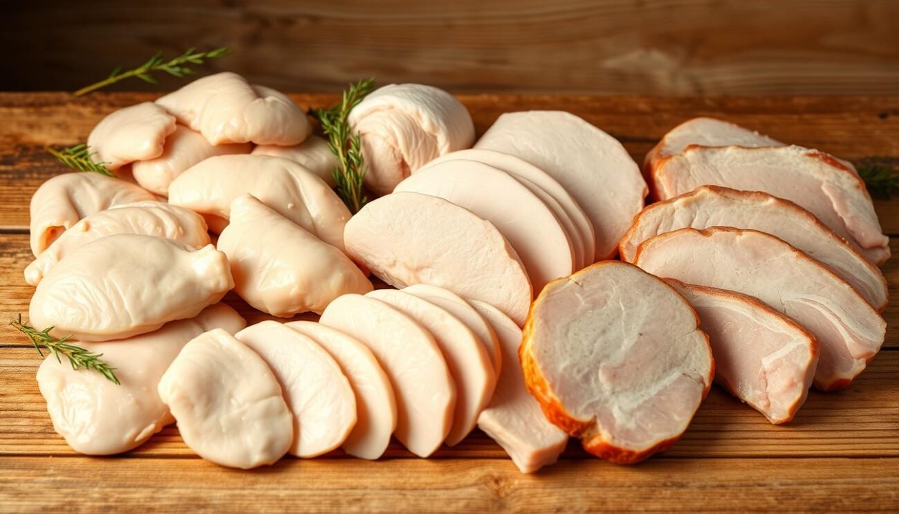 A delectable selection of succulent white meats, meticulously arranged on a rustic wooden surface. Tender chicken breasts, juicy turkey cutlets, and savory pork chops, each promising a symphony of flavors. The soft, creamy hues create a soothing, natural palette, accentuated by the warm, golden lighting that casts a gentle glow. Subtle shadows and highlights sculpt the contours, emphasizing the mouthwatering textures. This bountiful display captures the essence of "carne bianca," inviting the viewer to savor its nutritional benefits and culinary delights. A delectable selection of succulent white meats, meticulously arranged on a rustic wooden surface. Tender chicken breasts, juicy turkey cutlets, and savory pork chops, each promising a symphony of flavors. The soft, creamy hues create a soothing, natural palette, accentuated by the warm, golden lighting that casts a gentle glow. Subtle shadows and highlights sculpt the contours, emphasizing the mouthwatering textures. This bountiful display captures the essence of "carne bianca," inviting the viewer to savor its nutritional benefits and culinary delights.