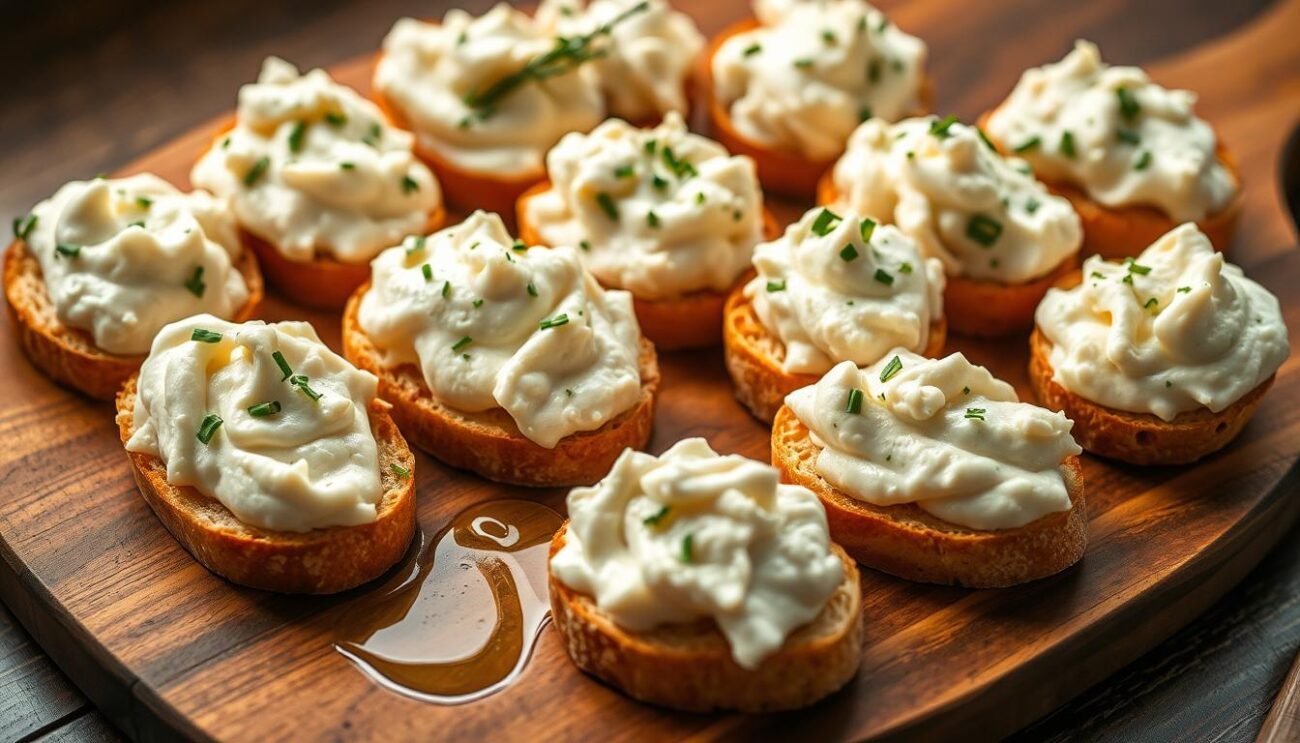 A delectable spread of baccalà mantecato, the creamy salt-cured cod, artfully arranged on a wooden board. The silky, ivory-hued mixture is dolloped generously onto crisp crostini, its velvety texture inviting a savory bite. Fragrant herbs, perhaps a sprinkling of parsley or chives, lend a vibrant touch, complementing the rich, umami-forward flavors. A drizzle of olive oil glistens on the surface, reflecting the warm, diffused lighting that casts a cozy, rustic ambiance. The composition is simple yet elegant, showcasing the baccalà mantecato as the star of the scene, ready to be savored on a leisurely afternoon.