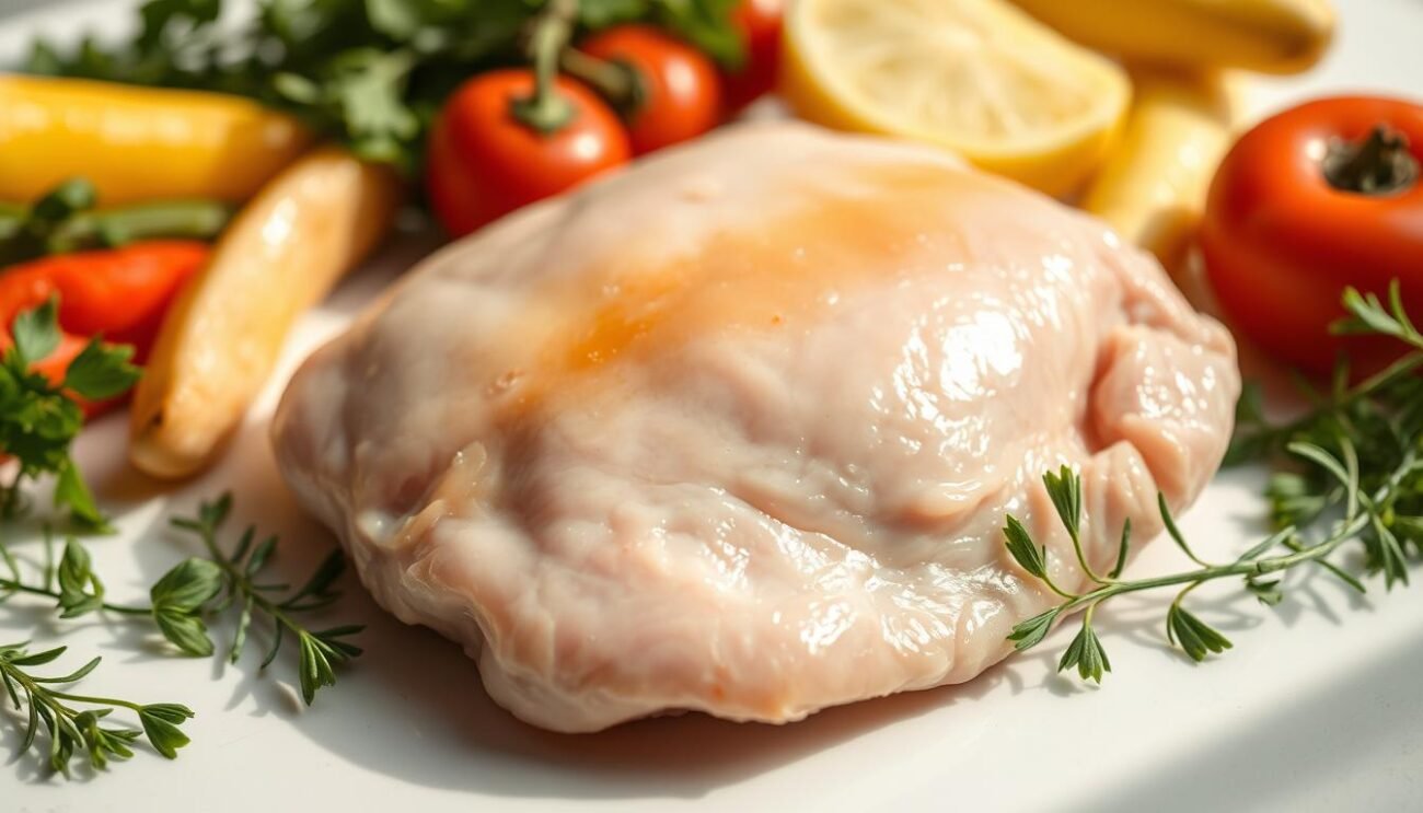 A delicate and nutritious chicken breast, glistening under natural light, resting atop a clean white surface. The soft, supple texture invites a closer look, revealing the lean and wholesome qualities of this versatile protein. Surrounding the centerpiece, an array of vibrant vegetables and herbs add depth and visual interest, creating a harmonious still life that celebrates the health benefits of white meat. Crisp shadows and a subtle vignette effect lend an artisanal, editorial feel, positioning this image as a thoughtful illustration of the nutritional properties of carne bianca. A delicate and nutritious chicken breast, glistening under natural light, resting atop a clean white surface. The soft, supple texture invites a closer look, revealing the lean and wholesome qualities of this versatile protein. Surrounding the centerpiece, an array of vibrant vegetables and herbs add depth and visual interest, creating a harmonious still life that celebrates the health benefits of white meat. Crisp shadows and a subtle vignette effect lend an artisanal, editorial feel, positioning this image as a thoughtful illustration of the nutritional properties of carne bianca.