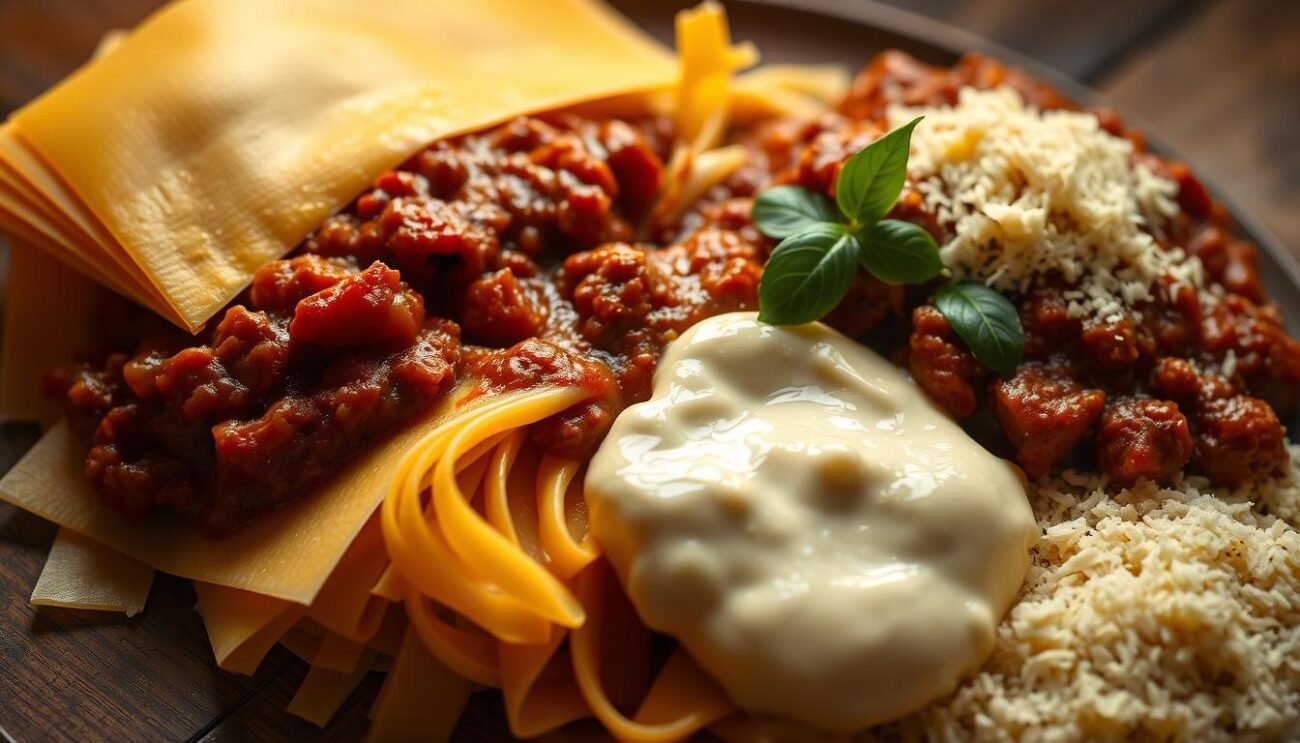 A delicate arrangement of the authentic ingredients for the classic Emilian Lasagne alla Bolognese. Glistening sheets of fresh egg pasta, a rich and meaty Bolognese sauce, creamy béchamel, and grated Parmigiano-Reggiano cheese. The warm lighting casts a cozy, inviting glow, drawing the viewer in to explore the tempting array of essential components. The camera captures the scene from a slightly elevated angle, emphasizing the depth and texture of the layered ingredients. The overall mood is one of rustic Italian elegance, reflecting the time-honored tradition and simple beauty of this beloved regional dish.