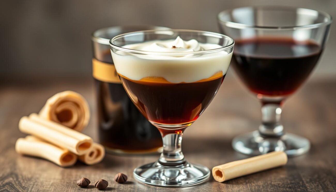 A delicate arrangement of the key ingredients for a classic Grappa Tiramisu Martini - rich espresso, smooth grappa, and the velvety cream and ladyfingers of the iconic Italian dessert. Captured in soft, warm lighting that highlights the elegant glassware and the depth of color in the liquids. The composition is balanced, with the ingredients gracefully positioned to suggest the layered construction of the drink, inviting the viewer to imagine the perfect blend of flavors. A sophisticated, subtly indulgent scene that captures the essence of this dolce italiano in bicchiere.