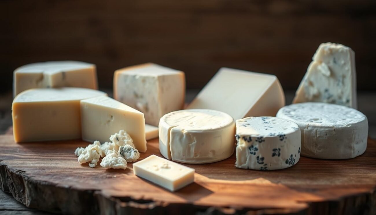 A delicate assortment of low-fat Italian cheeses, expertly crafted and gently arranged on a rustic wooden board. The soft, creamy textures of the formaggi magri are highlighted by the warm, natural lighting that casts a gentle glow across the scene. In the foreground, the cheeses are presented with precision, each variety distinct yet harmoniously composed. The middle ground features a subtle backdrop of earthy tones, hinting at the artisanal origins of these delectable dairy delights. The overall atmosphere is one of simplicity, quality, and a reverence for the craft of cheese-making, reflecting the theme of "I Formaggi Più Leggeri da Scegliere" within the larger article.