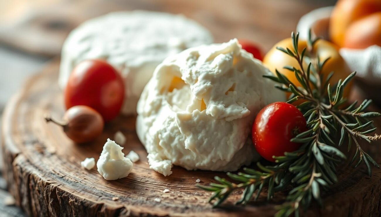 A delicate, creamy ricotta fresca glistening in the soft, natural light. The fresh, fluffy cheese rests on a rustic wooden surface, surrounded by seasonal fruits and a sprig of fragrant herbs. The composition evokes the simple pleasures of Italian cuisine, highlighting the nutritional properties and versatility of this artisanal dairy product. Captured with a shallow depth of field, the image invites the viewer to savor the image's textures and flavors, embodying the essence of "Proprietà Nutrizionali e Benefici" of ricotta fresca.
