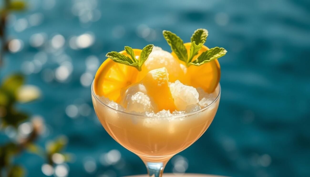 A delicate, frozen lemon sorbet glistens under the warm Mediterranean sun, its vibrant hue a testament to the sun-kissed citrus that infuses its creamy texture. Nestled atop a fluted glass, the sorbetto limone is a refreshing, palate-cleansing delight, its icy surface begging to be savored on a balmy summer day. Capturing the essence of the Amalfi Coast, this frozen treat is a study in contrasts - the tart, zesty lemon balanced by a delicate sweetness, the cool creaminess complemented by the warmth of the golden light filtering through. With a scattering of fresh lemon slices and a sprig of mint for visual interest, this sorbetto limone is a masterful representation of the simple pleasures found in the heart of Italy.