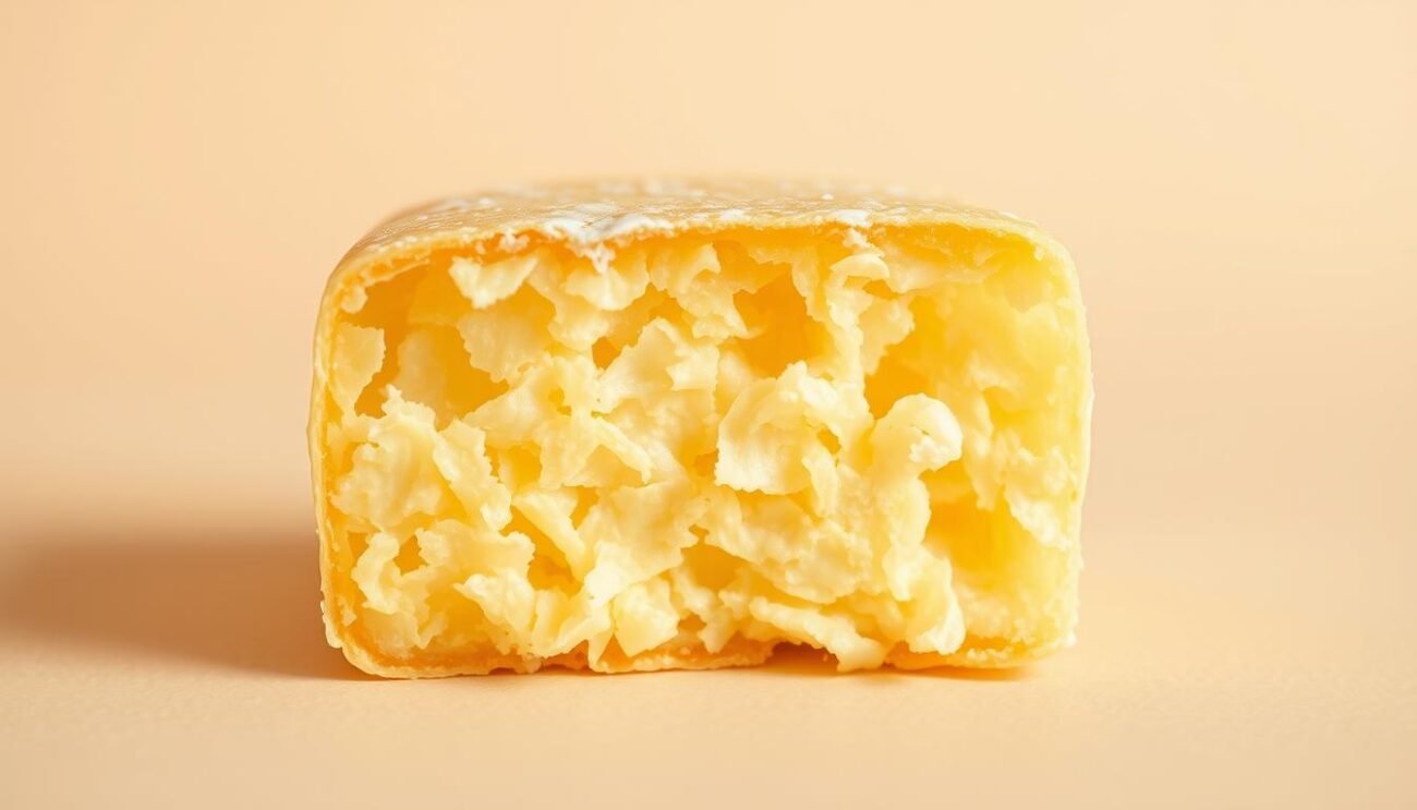 A delicate, golden-hued raspadüra, its thin, delicate flakes glistening under the warm, soft light. The cheese's rich, creamy texture is captured in intricate detail, inviting the viewer to imagine the satisfying crunch and delicate flavor. The raspadüra is placed prominently in the frame, against a clean, neutral background that allows its beauty to shine. The lighting creates a gentle, almost ethereal atmosphere, highlighting the care and craftsmanship that goes into creating this traditional Italian specialty. The composition emphasizes the raspadüra's elegant, layered structure, drawing the eye to its distinct, flaky appearance.