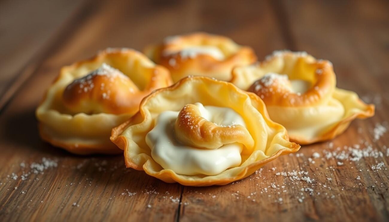 A delicate layer of golden, flaky pastry gently encasing a luscious filling of fresh ricotta cheese, dusted with a hint of sugar. The calcioni di ricotta, a beloved confection from the Molise region of Italy, are artfully arranged on a rustic wooden surface, bathed in warm, directional lighting that accentuates their inviting texture. The scene is styled with a minimal, natural aesthetic, allowing the intricate craftsmanship of these traditional Italian pastries to take center stage.