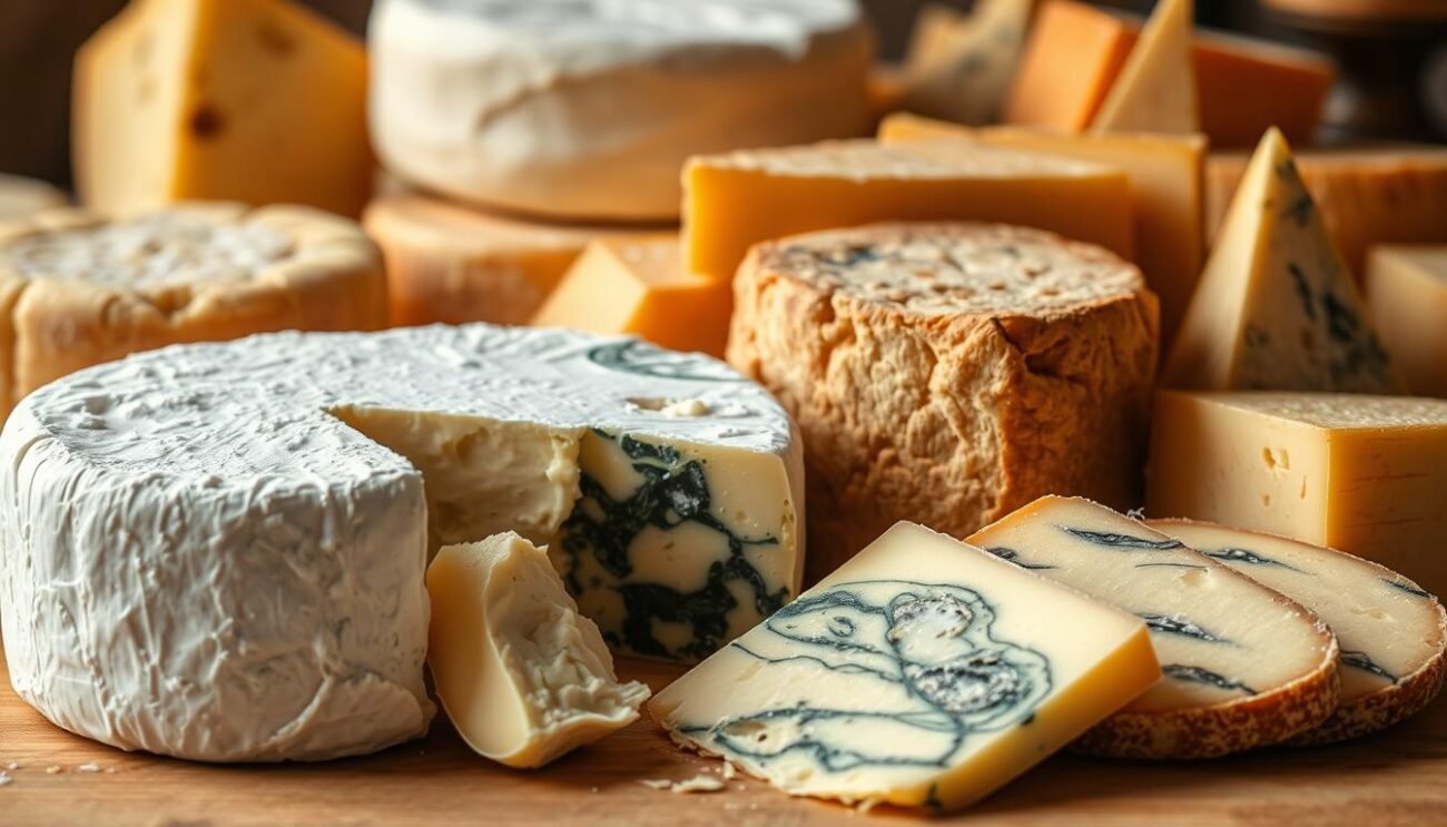A delicate still life of various aged cheeses, captured in warm, natural lighting. Showcasing the rich, creamy textures and distinct veining patterns, highlighting the unique characteristics of each variety. In the foreground, a soft, creamy brie-style cheese with a bloomy rind, its surface lightly dusted with fine, powdery mold. Alongside it, a wedge of pungent, blue-veined cheese, its marbled interior revealed. In the middle ground, a hard, aged Parmesan-style cheese, its surface weathered and textured, radiating an earthy, nutty aroma. The background features a variety of other cheeses, each with its own distinct color, shape, and personality, creating a visually captivating and informative composition.