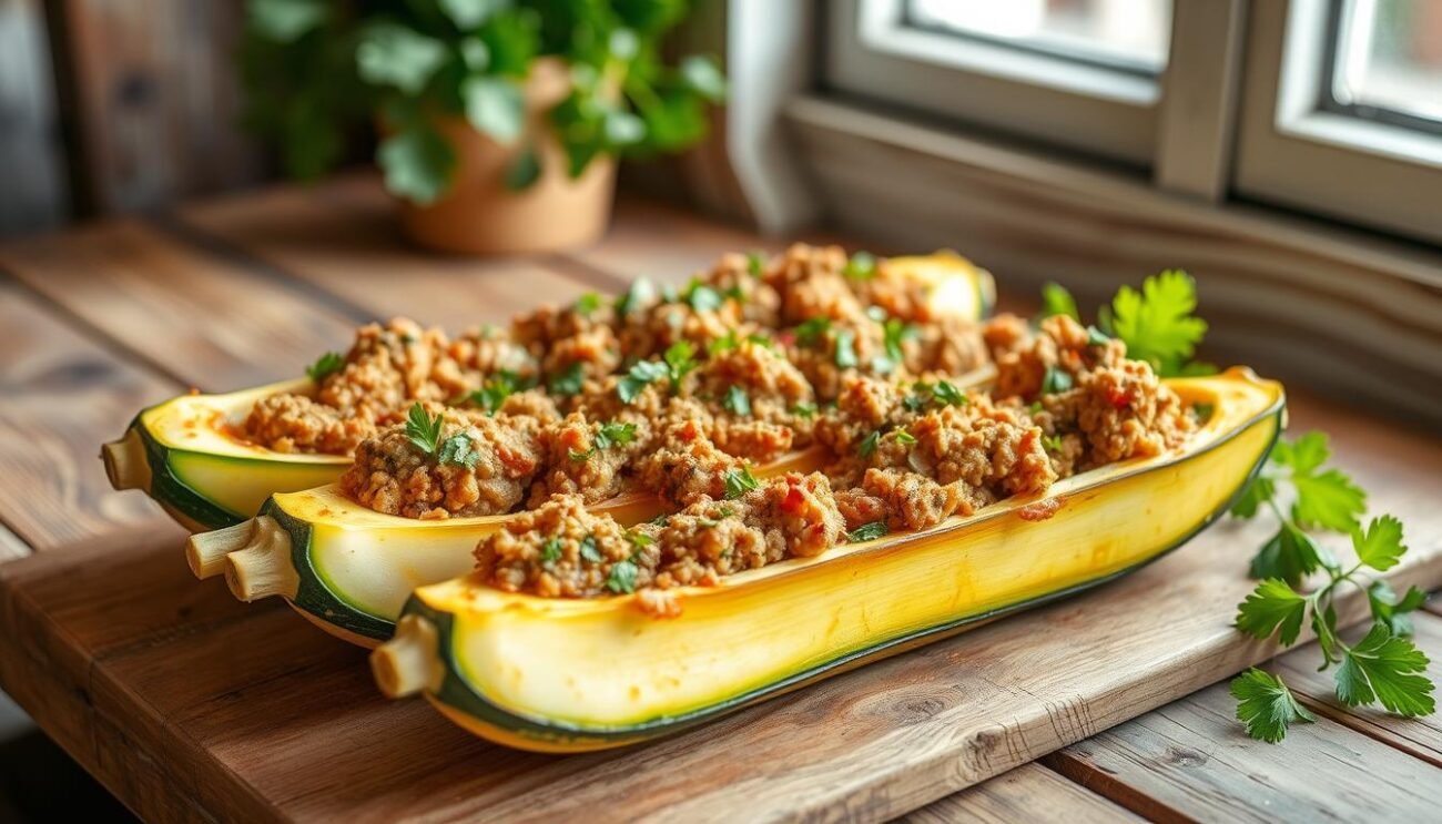 A delicious and visually appealing dish of zucchine ripiene, or stuffed zucchini, sits atop a rustic wooden table. The zucchini halves are filled with a savory mixture of ground meat, breadcrumbs, and aromatic herbs, creating a harmonious blend of flavors. The dish is presented with care, with a sprinkle of freshly chopped parsley adding a touch of green vibrancy. Soft, natural lighting from a nearby window casts a warm glow, highlighting the dish's inviting texture and rich, golden-brown hue. The scene exudes an authentic, homemade Italian atmosphere, perfectly suited to illustrate the "Preparazioni Innovative con il Macinato" section of the article.
