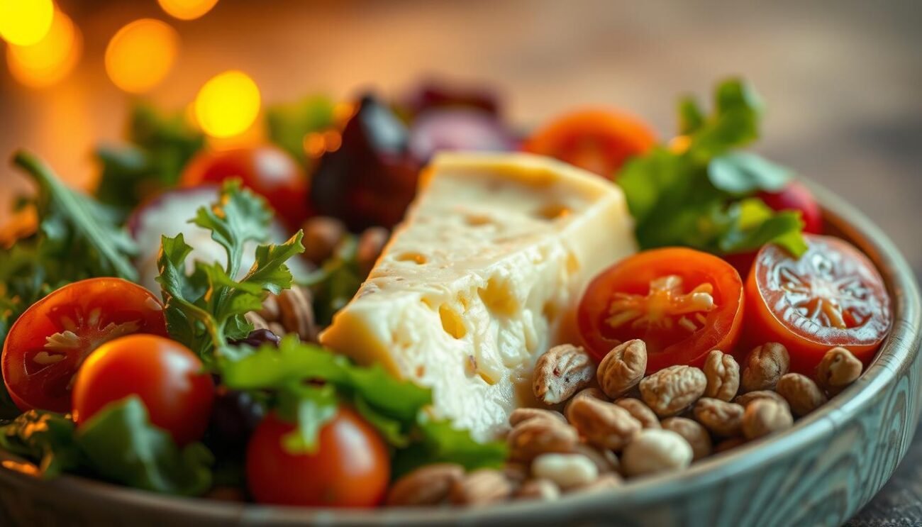 A delightful, balanced meal featuring a savory cheese wedge nestled among a vibrant array of fresh produce. Warm, golden-hued lighting casts a cozy glow, drawing the viewer's eye to the carefully arranged dish. The cheese takes center stage, its rich, creamy texture and complex flavors complemented by crisp greens, juicy tomatoes, and crunchy nuts. The composition evokes a sense of health and wholeness, inviting the viewer to enjoy this satisfying, guilt-free indulgence. Captured with a shallow depth of field, the image focuses on the harmonious integration of cheese within a balanced, nutritious diet.