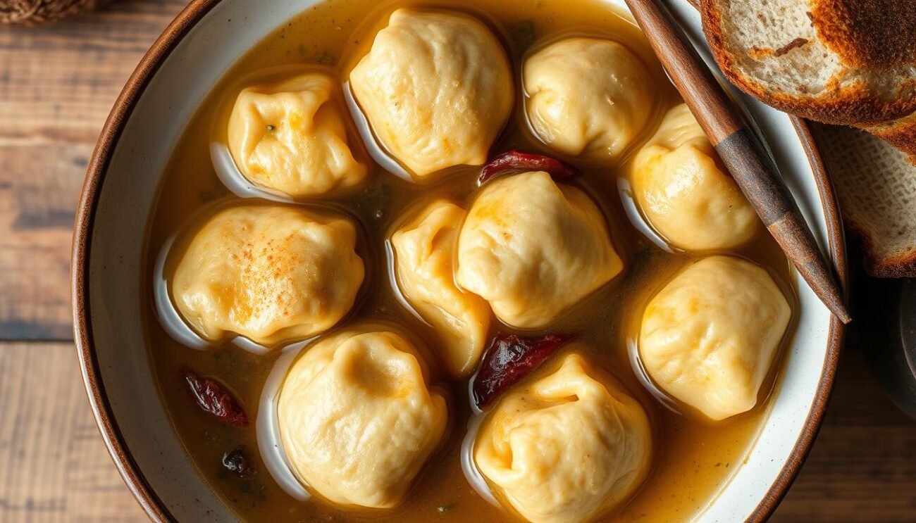 A delightful bowl of homemade canederli, the traditional bread dumplings of Trentino, Italy, floating in a savory broth. The canederli are golden-brown, with a soft, pillowy texture, infused with the smoky flavor of speck. The broth is clear and fragrant, with a touch of herbs and spices. The scene is captured in a rustic, warm-toned photograph, shot from a high angle, showcasing the comforting simplicity of this beloved regional dish. The overall mood is one of cozy, authentic Italian cuisine, inviting the viewer to savor the hearty, comforting flavors of this Trentino specialty.