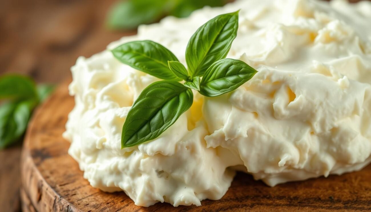 A delightful close-up of fresh, creamy ricotta cheese presented on a rustic wooden surface. The soft, cloud-like texture is evident, with subtle highlights adding depth and dimension. The ricotta is accompanied by a sprig of fresh basil, suggesting its versatility in Italian cuisine. The lighting is soft and diffused, creating a warm, inviting atmosphere. The composition is balanced, placing the ricotta prominently in the foreground, with a blurred background to draw the viewer's focus. This image perfectly captures the essence of "Ricotta Fresca: Leggera, Proteica e Versatile" and would beautifully illustrate the "Utilizzi Culinari della Ricotta Fresca" section of the article.