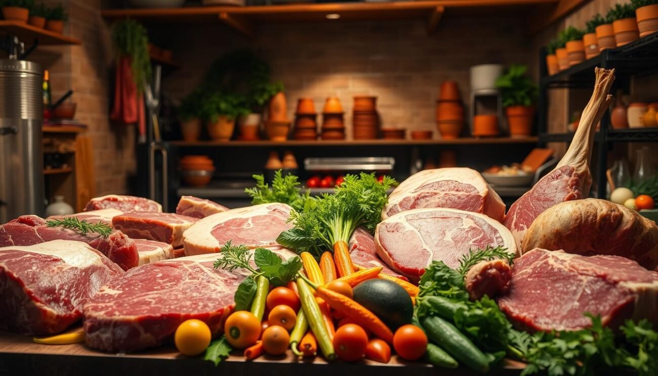 A delightful display of fresh Italian carne, glistening under the warm, golden light of the kitchen. Succulent cuts of beef, pork, and lamb, expertly butchered and arranged with care, inviting the viewer to imagine the mouthwatering dishes they could create. The middle ground features an array of vibrant, locally sourced vegetables, their colors and textures complementing the robust meats. In the background, a rustic, Italian-inspired interior sets the stage, with terracotta tiles, wooden beams, and a hint of terracotta pots, evoking the warmth and authenticity of a traditional cucina. The overall scene exudes the essence of la dolce vita, capturing the joy and craft of preparing fresh, high-quality ingredients for the perfect Italian meal.