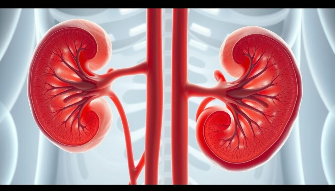 A detailed anatomical illustration of the human renal system, showcasing the intricate structure and function of the kidneys. The image should be rendered with a photorealistic style, emphasizing the complex network of blood vessels, tubules, and glomeruli that filter waste and regulate fluid balance. The lighting should be soft and natural, highlighting the delicate tissue and three-dimensional form of the kidneys. The background should be a clean, clinical setting, allowing the viewer to focus on the complexities of this vital organ system. The overall tone should convey a sense of scientific precision and educational value, aligning with the article's discussion of the potential risks of excessive protein consumption.