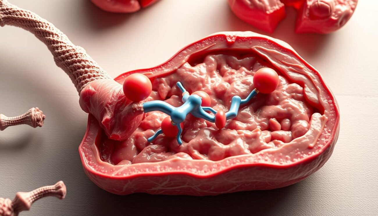 A detailed and anatomical illustration of colesterolo, the lipid compound crucial for metabolism. A cross-section view showcases its molecular structure, with a focus on the beneficial components that contribute to overall cholesterol regulation. The image has a scientific, technical aesthetic - crisp lighting from multiple angles highlights the intricate details, while a neutral background allows the subject to stand out. The composition is well-balanced, with a clear focal point that guides the viewer's eye. This visually engaging and informative image will effectively complement the article's section on the beneficial aspects of meat for cholesterol metabolism.
