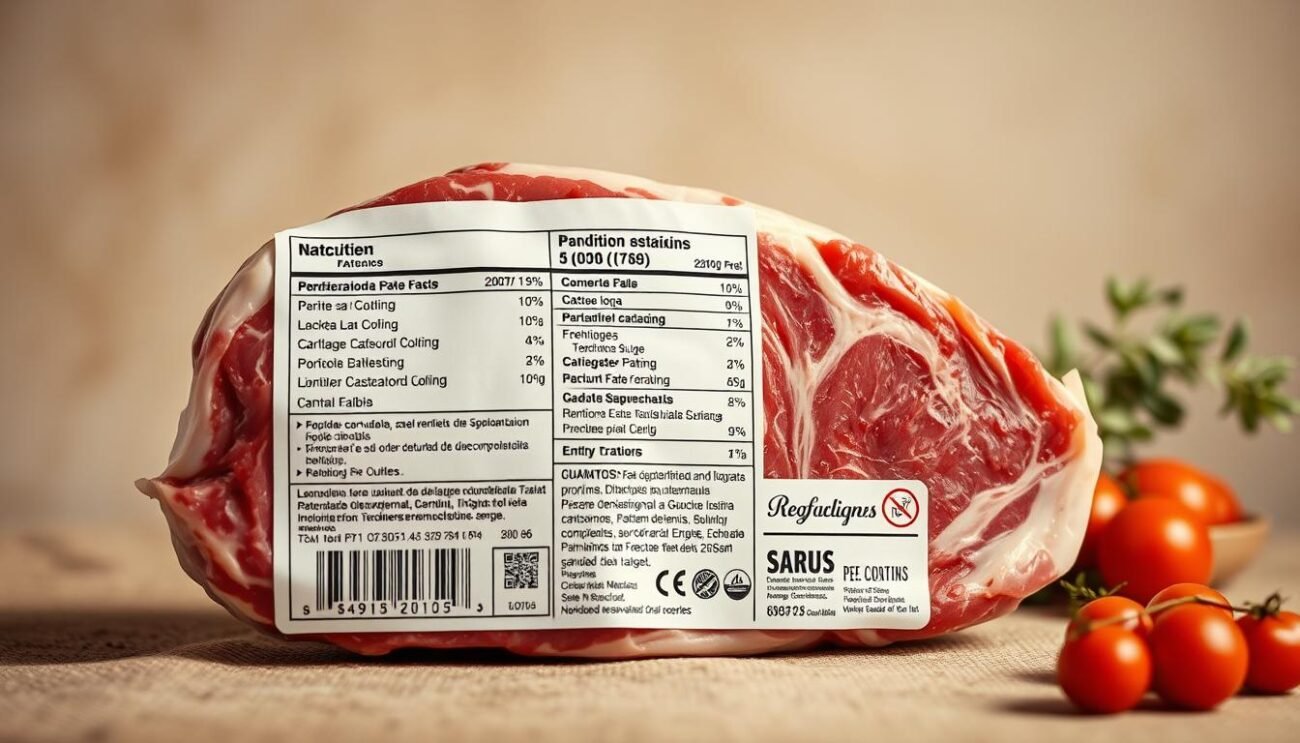 A detailed and informative meat label, showcasing the various sections and information typically found on an Italian meat product. The label is prominently displayed, taking up the majority of the frame, with a clean and well-organized layout. The background is a soft, earthy tone, providing a neutral and natural setting to highlight the label. Lighting is soft and diffused, creating a sense of warmth and authenticity. The composition emphasizes the clarity and legibility of the label, making it easy for the viewer to read and understand the information presented. The overall mood is one of transparency and trust, reflecting the importance of traceability and food safety in the Italian meat industry.