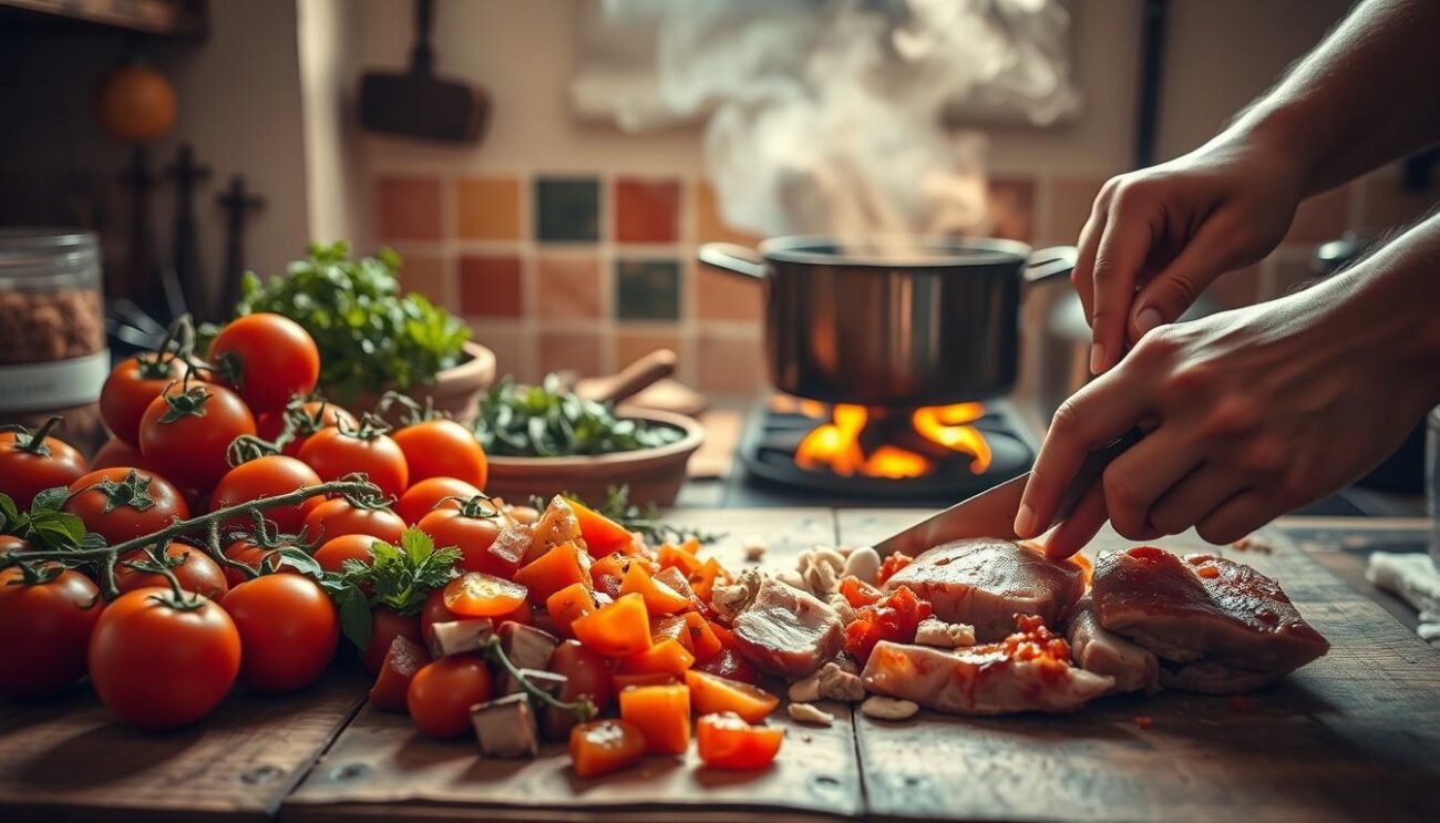 A detailed, artfully composed scene showcasing the step-by-step preparation of the traditional Morzello Catanzarese dish. The frame opens with an array of fresh, locally sourced ingredients - plump tomatoes, aromatic herbs, and hearty chunks of pork - arranged neatly on a rustic wooden surface. In the foreground, skilled hands delicately chop and slice, capturing the care and attention to detail that goes into this centuries-old recipe. The middle ground reveals a bubbling pot on an open flame, emitting tantalizing aromas that evoke the warmth and comfort of home-cooked meals. In the background, a simple, yet charming kitchen setting, complete with terracotta tiles and worn wooden beams, sets the stage for this timeless culinary tradition. Warm, natural lighting casts a gentle glow, evoking the rich, soulful essence of this "poor man's dish" that has become a beloved part of Calabrian heritage. A detailed, artfully composed scene showcasing the step-by-step preparation of the traditional Morzello Catanzarese dish. The frame opens with an array of fresh, locally sourced ingredients - plump tomatoes, aromatic herbs, and hearty chunks of pork - arranged neatly on a rustic wooden surface. In the foreground, skilled hands delicately chop and slice, capturing the care and attention to detail that goes into this centuries-old recipe. The middle ground reveals a bubbling pot on an open flame, emitting tantalizing aromas that evoke the warmth and comfort of home-cooked meals. In the background, a simple, yet charming kitchen setting, complete with terracotta tiles and worn wooden beams, sets the stage for this timeless culinary tradition. Warm, natural lighting casts a gentle glow, evoking the rich, soulful essence of this "poor man's dish" that has become a beloved part of Calabrian heritage.
