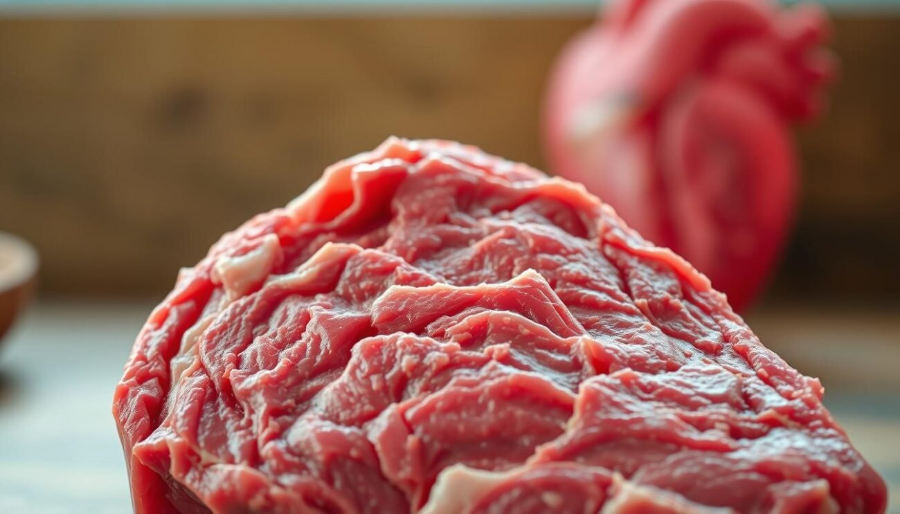 A detailed close-up view of raw red meat, glistening under soft, natural lighting. The muscle fibers and connective tissue are clearly visible, conveying the complex biological structure of this protein-rich food. In the background, a blurred image of a human heart, symbolizing the potential impact of red meat consumption on cardiovascular health. The overall composition has a contemplative, almost scientific mood, inviting the viewer to explore the nuanced relationship between red meat and human physiology. A detailed close-up view of raw red meat, glistening under soft, natural lighting. The muscle fibers and connective tissue are clearly visible, conveying the complex biological structure of this protein-rich food. In the background, a blurred image of a human heart, symbolizing the potential impact of red meat consumption on cardiovascular health. The overall composition has a contemplative, almost scientific mood, inviting the viewer to explore the nuanced relationship between red meat and human physiology.