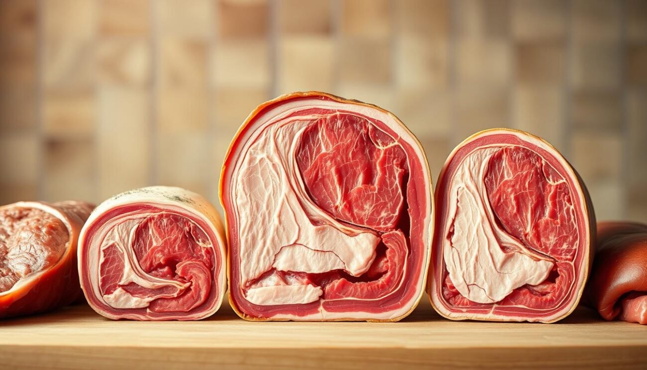 A detailed cross-section illustration depicting the cholesterol content within various cuts of meat. The image should showcase the internal structure and composition of different meat types, with clear visual delineation of the cholesterol levels present. The scene should be lit with warm, natural lighting, captured with a wide-angle lens to provide a comprehensive overview. The overall mood should convey a sense of scientific clarity and educational insight, with a clean, minimalist aesthetic to allow the visual information to take center stage. The composition should balance the various meat samples in an organized, informative manner, without any extraneous elements or distractions.
