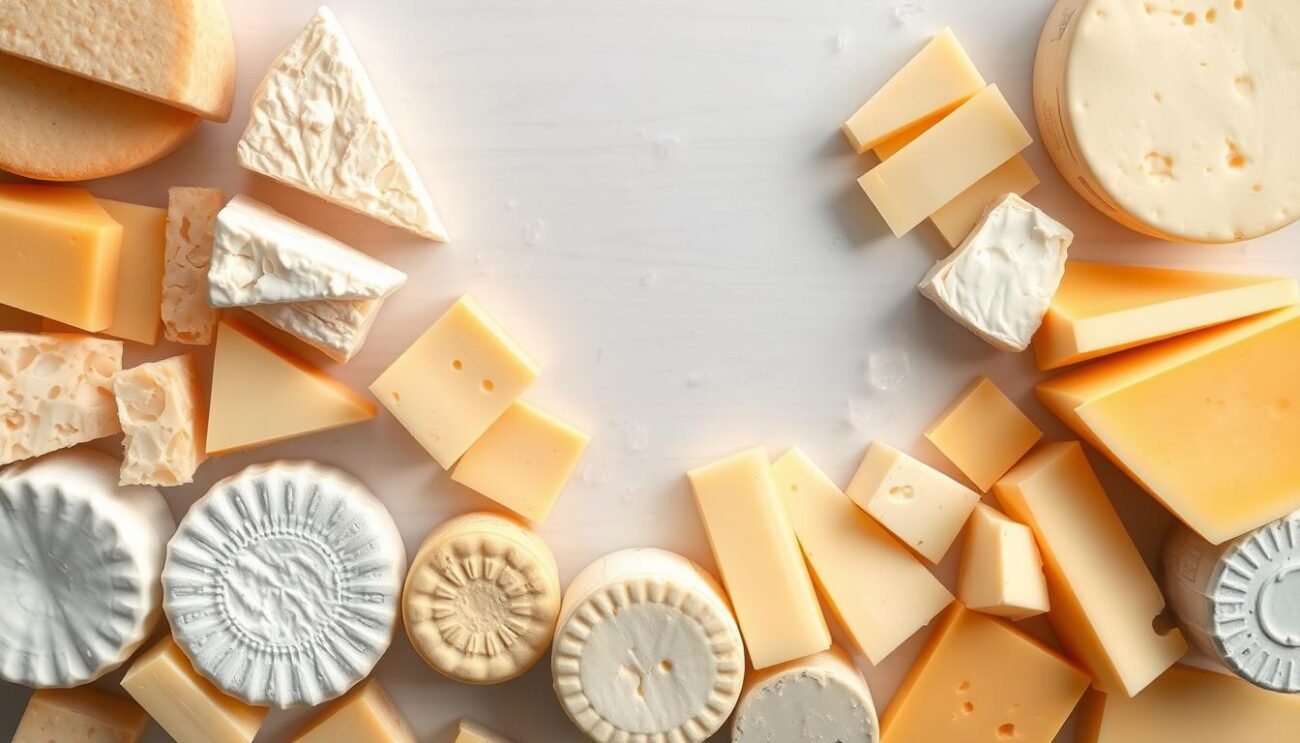 A detailed display of various cheeses classified by their sodium content. A crisp overhead shot showcases an artful arrangement of cheese wedges, wheels, and slices in the foreground, neatly organized by their relative saltiness - from low-sodium varieties to high-sodium options. The middle ground features a clean, minimalist backdrop, perhaps a light wood or marble surface, allowing the cheeses to take center stage. Soft, natural lighting gently illuminates the scene, emphasizing the texture and hues of the different cheeses. The overall mood is one of informative simplicity, guiding the viewer through a visual representation of sodium levels in a variety of Italian cheeses.