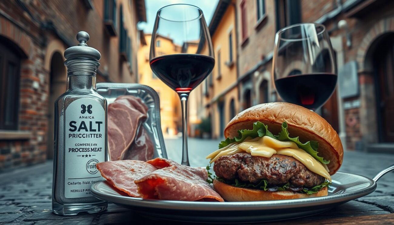 A detailed, high-resolution image of various individual risk factors for processed meat consumption, including a close-up of a salt shaker, a package of processed meat, a glass of red wine, and a partially-eaten burger, all set against a backdrop of an Italian street scene with old brick buildings, cobblestones, and a glimpse of the blue sky above. The image should convey a sense of both the specific risks as well as the broader cultural and environmental context in which these risks are embedded. The lighting should be natural and warm, with a slightly hazy, vintage-inspired aesthetic. The composition should be balanced and visually interesting, drawing the viewer's eye to the key elements. A detailed, high-resolution image of various individual risk factors for processed meat consumption, including a close-up of a salt shaker, a package of processed meat, a glass of red wine, and a partially-eaten burger, all set against a backdrop of an Italian street scene with old brick buildings, cobblestones, and a glimpse of the blue sky above. The image should convey a sense of both the specific risks as well as the broader cultural and environmental context in which these risks are embedded. The lighting should be natural and warm, with a slightly hazy, vintage-inspired aesthetic. The composition should be balanced and visually interesting, drawing the viewer's eye to the key elements.