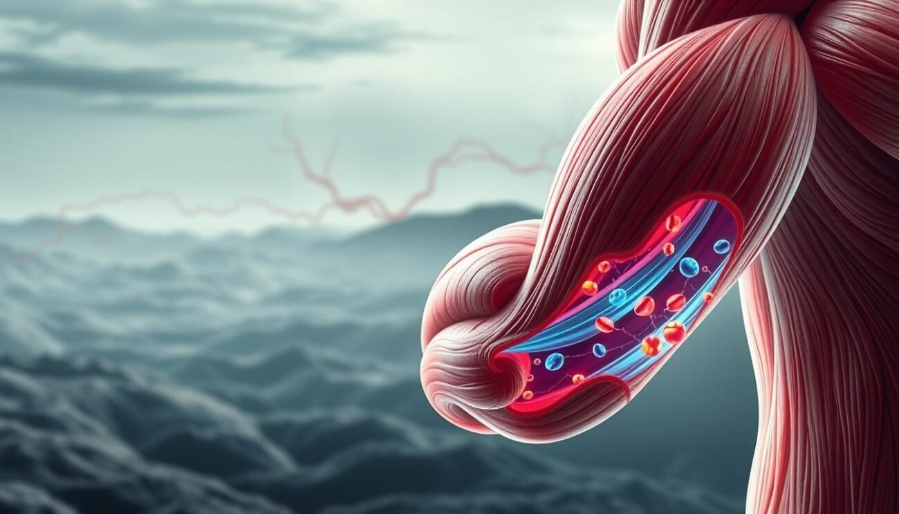 A detailed illustration of muscular protein synthesis, showcasing the intricate processes involved in building and maintaining muscle mass. In the foreground, a cross-section of muscle fibers, with organelles and cellular machinery highlighted in vibrant hues, capturing the dynamic nature of protein synthesis. In the middle ground, a network of blood vessels and mitochondria, emphasizing the vital role of nutrient delivery and energy production. The background features a subdued, ethereal landscape, conveying a sense of scientific exploration and understanding. The lighting is soft and diffused, creating a sense of depth and dimension. The overall composition strikes a balance between technical precision and artistic interpretation, resulting in a visually striking and informative image. A detailed illustration of muscular protein synthesis, showcasing the intricate processes involved in building and maintaining muscle mass. In the foreground, a cross-section of muscle fibers, with organelles and cellular machinery highlighted in vibrant hues, capturing the dynamic nature of protein synthesis. In the middle ground, a network of blood vessels and mitochondria, emphasizing the vital role of nutrient delivery and energy production. The background features a subdued, ethereal landscape, conveying a sense of scientific exploration and understanding. The lighting is soft and diffused, creating a sense of depth and dimension. The overall composition strikes a balance between technical precision and artistic interpretation, resulting in a visually striking and informative image.
