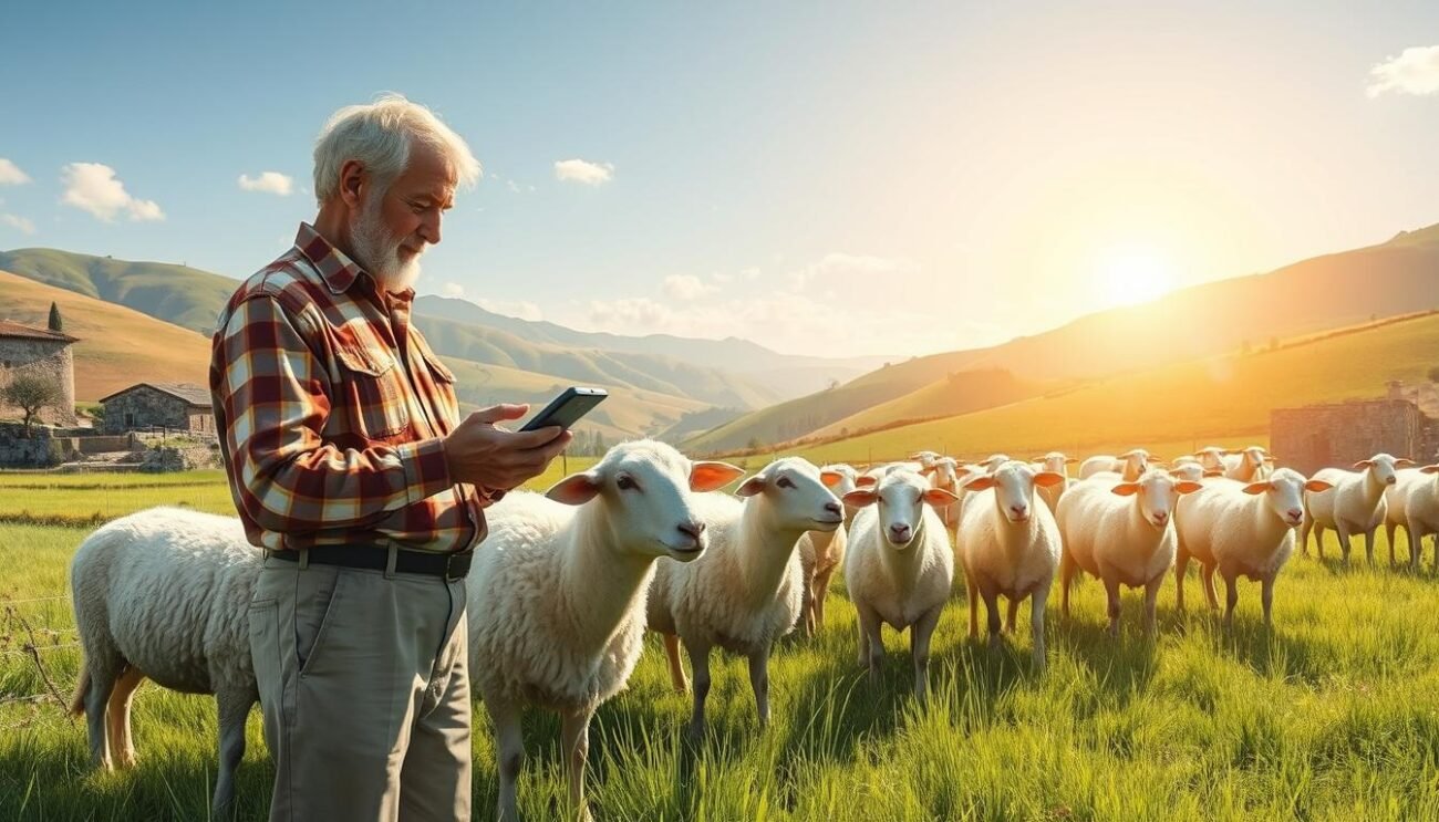 A detailed illustration of the animal identification process in a safe and secure meat traceability system. The scene depicts a rural Italian farm, with a middle-aged farmer examining a flock of sheep in a well-lit, sun-dappled pasture. The animals wear distinctive ear tags, and the farmer is carefully scanning their IDs with a handheld device. The background showcases rolling hills, olive groves, and a small stone farmhouse, evoking the traditional Italian countryside. The overall mood is one of diligence, transparency, and the harmony between man and nature, reflecting the care and rigor involved in ensuring the safety and quality of the meat supply.