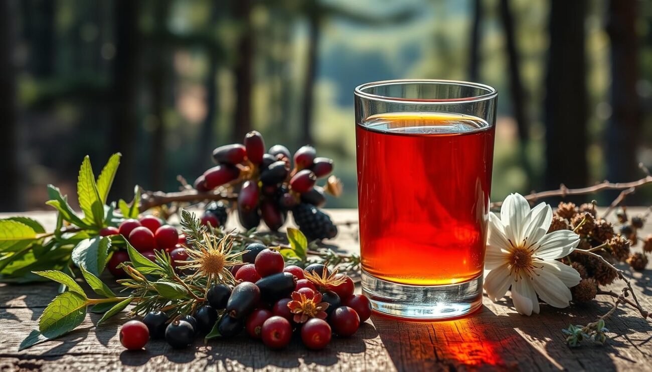 A detailed still life showcasing the aromatic profile of Amaro Selvaggio, a wild herbal bitter liqueur. In the foreground, a glass filled with the rich, amber-colored spirit, surrounded by a carefully curated arrangement of its botanicals - freshly harvested wild berries, leafy herbs, and delicate floral accents. The middle ground features a weathered wooden surface, lending a rustic, earthy ambiance. In the background, a softly blurred forest landscape, hinting at the liqueur's connection to the natural world. Warm, natural lighting casts gentle shadows, highlighting the organic textures and nuanced hues of the scene. The overall composition conveys the complex, aromatic character of Amaro Selvaggio, captured in an elegant, immersive visual representation.