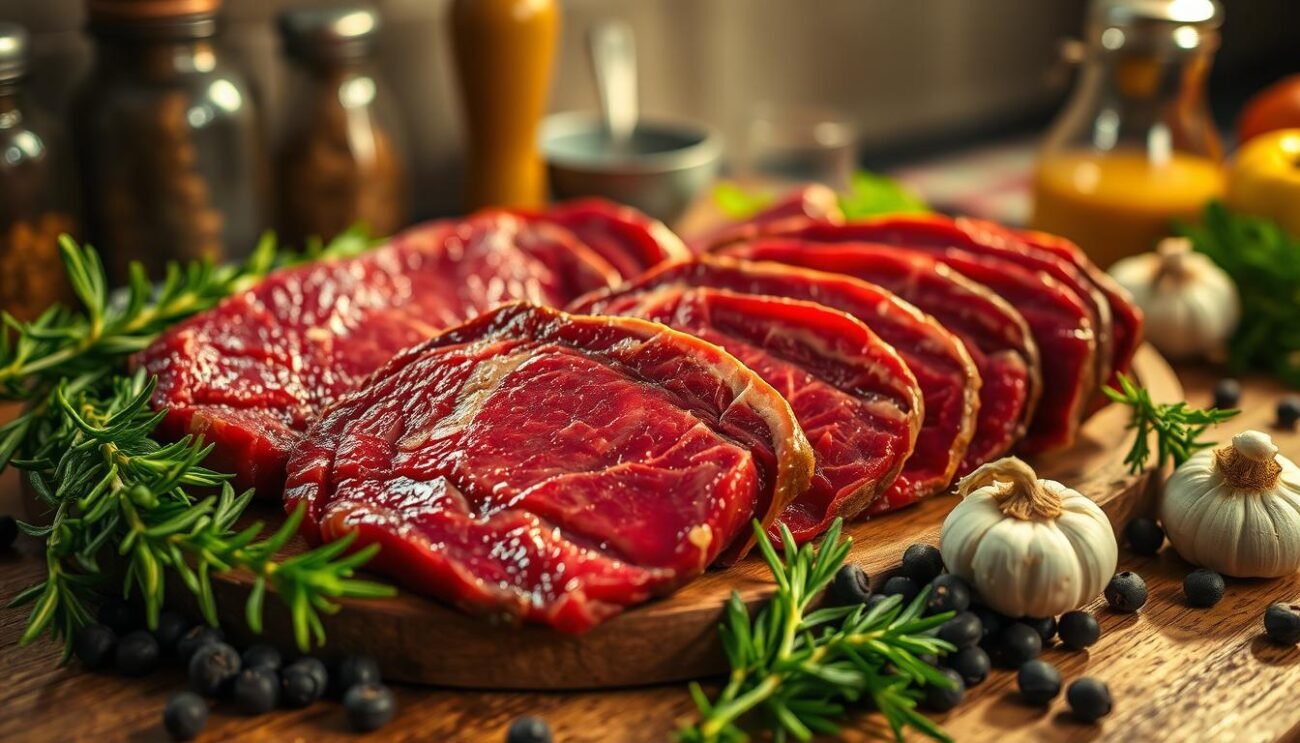 A dimly lit Italian kitchen, a platter of rich, ruby-red beef cuts takes center stage. The succulent slices glisten under the warm, golden light, their marbled texture inviting closer inspection. Surrounding the focal point, a backdrop of traditional Italian spices and herbs - rosemary, garlic, and black peppercorns - suggests the savory flavors that accompany this protein. The scene conveys a sense of indulgence, but also raises questions about the potential health risks of consuming such a prominent feature of the Mediterranean diet. The image aims to capture the dichotomy of red meat's allure and its potential consequences. A dimly lit Italian kitchen, a platter of rich, ruby-red beef cuts takes center stage. The succulent slices glisten under the warm, golden light, their marbled texture inviting closer inspection. Surrounding the focal point, a backdrop of traditional Italian spices and herbs - rosemary, garlic, and black peppercorns - suggests the savory flavors that accompany this protein. The scene conveys a sense of indulgence, but also raises questions about the potential health risks of consuming such a prominent feature of the Mediterranean diet. The image aims to capture the dichotomy of red meat's allure and its potential consequences.