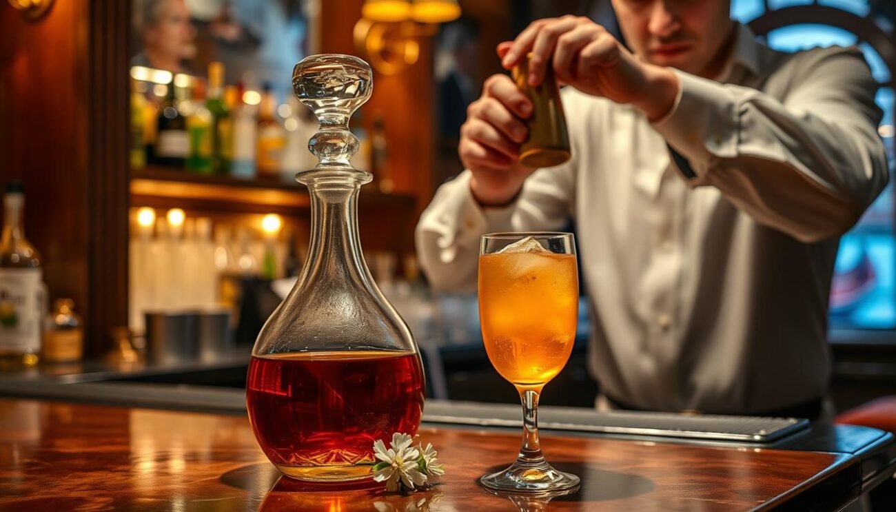 A dimly lit Venetian bar, the polished wood and brass fixtures casting a warm glow. On the counter, a crystal decanter filled with a rich amber liquid - Vermouth Gondoliere, a local aperitivo. Beside it, a delicate sprig of elderflower, its fragrant blossoms awaiting to be incorporated into the perfect Venetian spritz. The bartender, clad in a crisp white shirt, carefully measures and mixes the ingredients, a masterful display of the art of mixology. Through the window, a glimpse of a gondola drifting along the serene, reflecting the city's timeless charm. This is the essence of the Venetian aperitivo, a celebration of local flavors and the art of living la dolce vita.