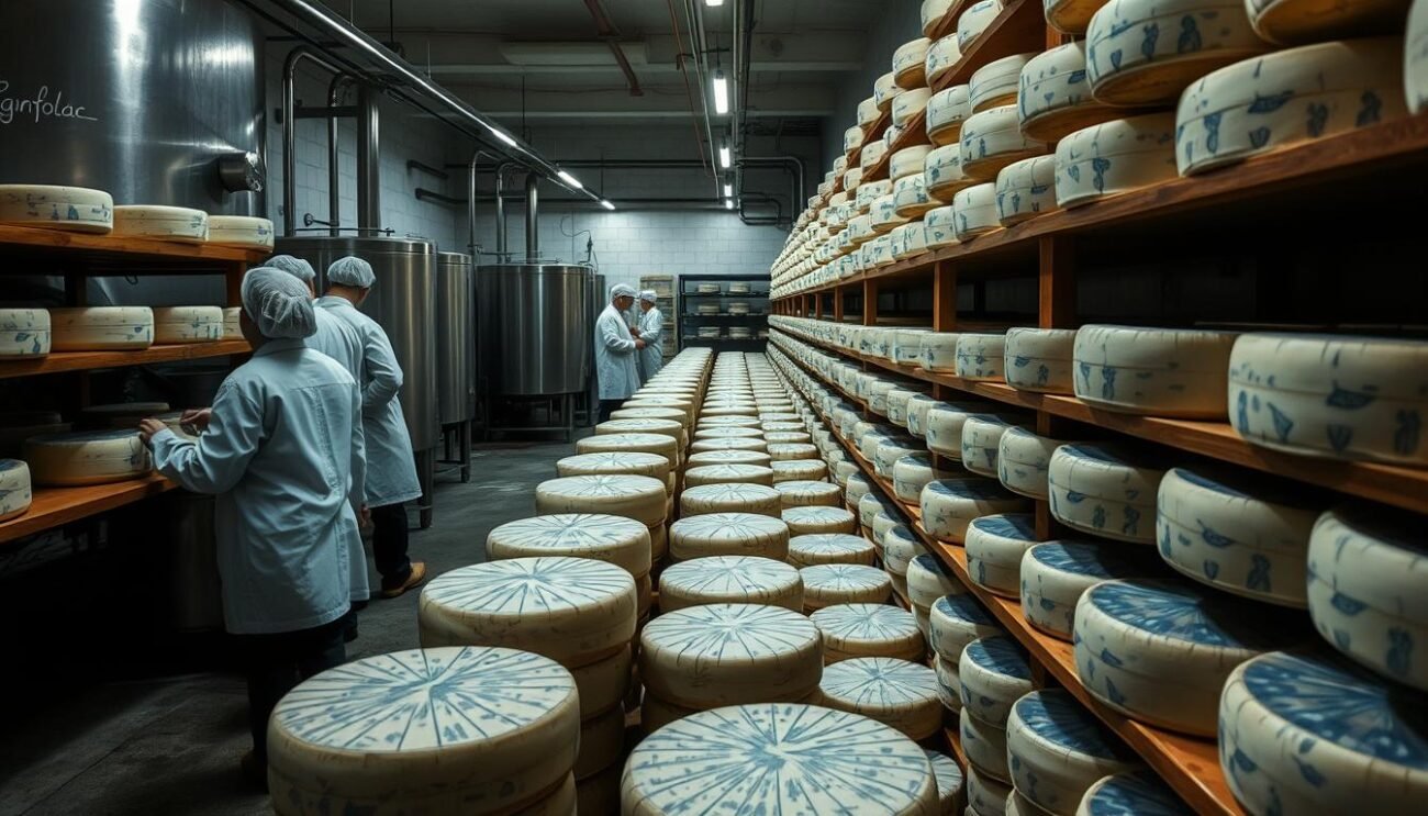 A dimly lit artisanal cheese production facility, with rows of stainless steel vats and aging rooms. Workers in white coats and hairnets carefully monitor the aging process of Gorgonzola wheels, as wisps of blue-green mold slowly develop on the cheese surface. Wooden shelves line the walls, holding dozens of round Gorgonzola cheeses in various stages of maturation. Soft, indirect lighting casts a warm glow, highlighting the intricate texture and veining of the iconic Italian blue cheese. The air is thick with the pungent, earthy aroma of the Penicillium mold, a vital component of Gorgonzola's distinct flavor profile. The scene conveys the meticulous, time-honored tradition of Gorgonzola production.