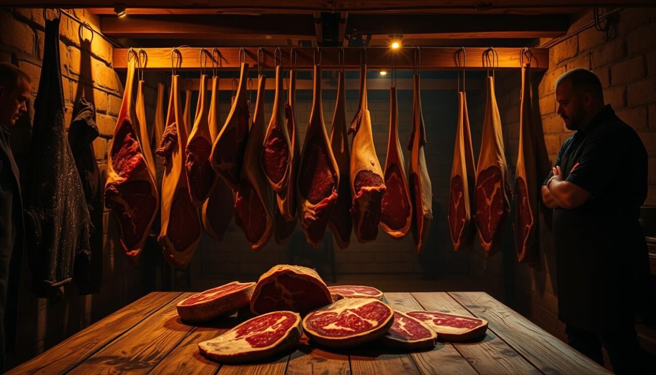 A dimly lit, artisanal meat aging chamber bathed in warm, amber lighting. Hanging from aged wooden beams, a selection of expertly cured and seasoned meat cuts - frollatura carne - gently swaying as cool air circulates. The air is thick with the rich, earthy aroma of aging beef and the subtle tang of salt and spices. In the foreground, a weathered wooden table displays an array of aged meat samples, their surfaces mottled with intricate patterns of fat and connective tissue. Shadowy figures move about, tending to the delicate process, their movements choreographed as they monitor temperature and humidity. This is the innovative art of traditional Italian meat aging, a timeless practice elevated by modern techniques.