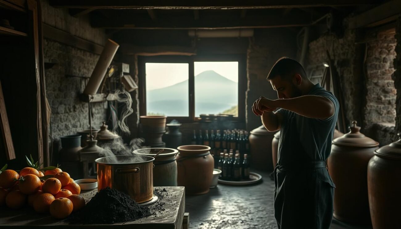 A dimly lit artisanal workshop with weathered wooden beams and stone walls. In the foreground, a worker's calloused hands carefully stir a copper pot filled with a rich, fragrant liquid, the steam rising in graceful tendrils. Beside him, an array of traditional Sicilian oranges and a small pile of volcanic ash, the tools of his craft. The middle ground reveals terracotta vats and bottles waiting to be filled, the laborious process of creating the Rosolio Siciliano Etna liqueur. In the background, a large window provides a hazy view of the rolling hills and the towering silhouette of Mount Etna, a constant presence in this ancient tradition. A dimly lit artisanal workshop with weathered wooden beams and stone walls. In the foreground, a worker's calloused hands carefully stir a copper pot filled with a rich, fragrant liquid, the steam rising in graceful tendrils. Beside him, an array of traditional Sicilian oranges and a small pile of volcanic ash, the tools of his craft. The middle ground reveals terracotta vats and bottles waiting to be filled, the laborious process of creating the Rosolio Siciliano Etna liqueur. In the background, a large window provides a hazy view of the rolling hills and the towering silhouette of Mount Etna, a constant presence in this ancient tradition.