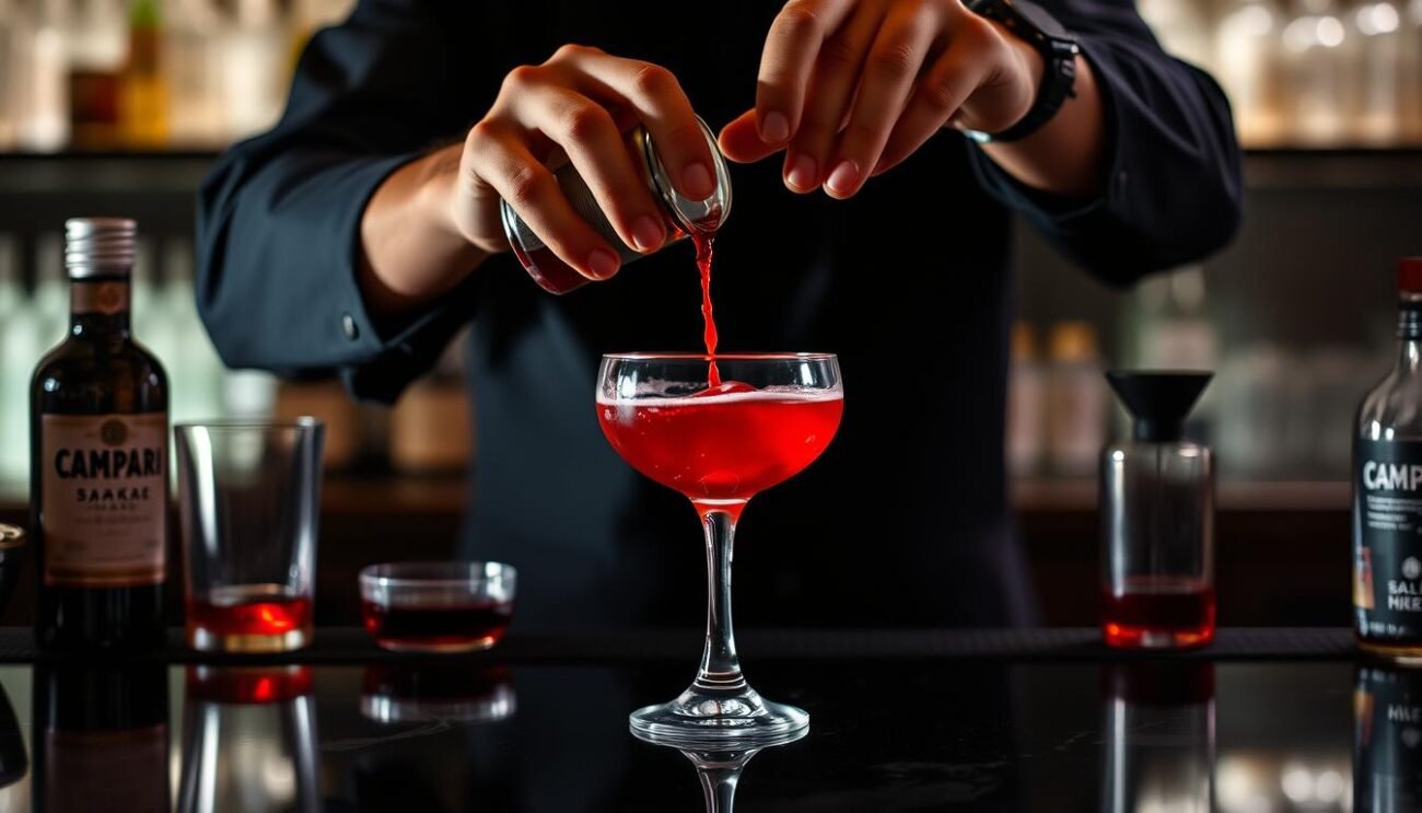 A dimly lit bar counter, the gleam of smooth glassware and the vibrant crimson hue of Campari. Deft hands delicately measure and pour, blending the Milano-Tokyo cocktail. Amber sake mingles with the bitter-sweet Campari, as a drizzle of cherry reduction adds depth and complexity. Centered in the frame, the preparation unfolds with precision, the movements choreographed like a dance. Soft lighting casts dramatic shadows, creating an atmosphere of understated elegance. The overall mood is one of sophisticated experimentation, a fusion of Italian and Japanese influences, captured in each carefully crafted step of the cocktail's creation.