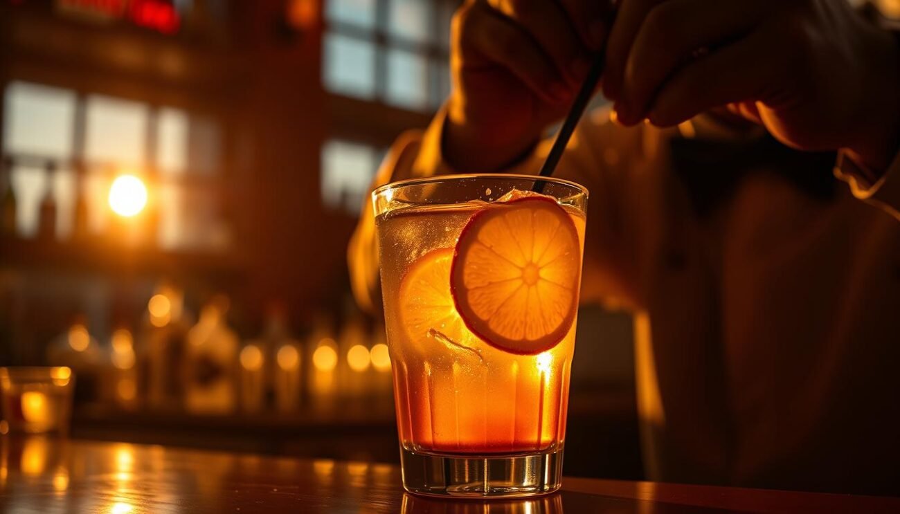 A dimly lit bar, the amber glow of a sunset filtering through the windows, casting a warm hue over a glass of Martini Fiero. Delicate orange slices float atop the clear liquid, their edges caramelized and glistening. The aroma of citrus and botanicals fills the air, inviting a sip of the bittersweet aperitif. A bartender, silhouetted against the fading light, carefully stirs the cocktail, blending the bold flavors with precision. This is the Martini Fiero Tramonto, an evening aperitivo that captures the essence of Italian aperitivo culture - a moment of relaxation, savoring the flavors of the day as the sun dips below the horizon. A dimly lit bar, the amber glow of a sunset filtering through the windows, casting a warm hue over a glass of Martini Fiero. Delicate orange slices float atop the clear liquid, their edges caramelized and glistening. The aroma of citrus and botanicals fills the air, inviting a sip of the bittersweet aperitif. A bartender, silhouetted against the fading light, carefully stirs the cocktail, blending the bold flavors with precision. This is the Martini Fiero Tramonto, an evening aperitivo that captures the essence of Italian aperitivo culture - a moment of relaxation, savoring the flavors of the day as the sun dips below the horizon.
