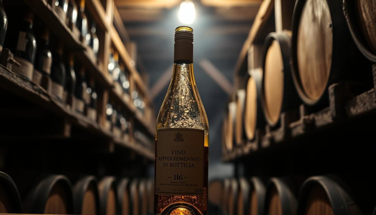 A dimly lit cellar, with weathered wooden shelves holding rows of dusty bottles. In the foreground, a single bottle of "vino rifermentato in bottiglia" stands out, its label partially obscured by the shadows. The bottle's glass catches the soft, amber glow of a single overhead light, highlighting the effervescent bubbles within. The background is hazy, with the faint outlines of other bottles and barrels, suggesting the history and tradition of this artisanal winemaking process. The scene evokes a sense of time-honored craftsmanship and the patience required to create this unique, refermented wine.