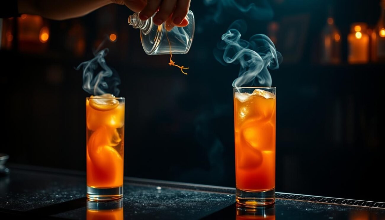 A dimly lit, cozy bar setting. On the bar, a tall glass filled with a swirling, smoky orange liquid. Wisps of steam rise from the surface, casting a hazy, atmospheric glow. The bartender's hand carefully drizzles a sprig of fragrant orange zest into the cocktail, creating a captivating display of smoke and citrus. The lighting is warm and moody, casting deep shadows and highlighting the textures of the glass and bar surface. The overall mood is one of sophistication, intrigue, and a touch of mystery, inviting the viewer to imagine the story behind this alluring cocktail.