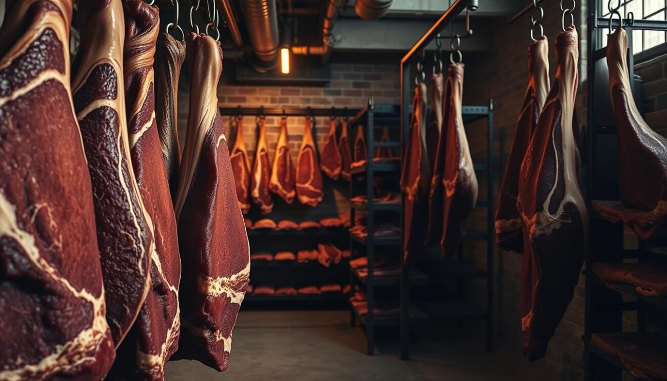 A dimly lit, industrial-style room showcases a selection of dry-aged carne. In the foreground, thick slabs of beef hang from heavy metal hooks, their surfaces glistening with a rich, mahogany-colored crust. The middle ground reveals carefully arranged racks, where various cuts of meat undergo the patient process of dry aging, the air circulating around them. In the background, the room's weathered brick walls and concrete floors create a sense of rustic authenticity, complemented by the warm, golden lighting that casts dramatic shadows across the scene. The overall atmosphere exudes a sense of artisanal craftsmanship and the reverence for the time-honored tradition of carne stagionatura.