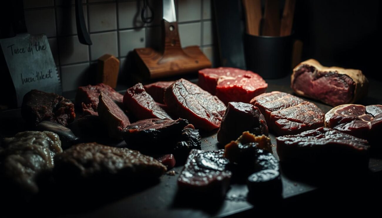 A dimly lit kitchen counter, the surface scattered with various cuts of meat - rough-hewn steaks, fatty chunks, and oddly-shaped off-cuts. The lighting casts dramatic shadows, emphasizing the textures and imperfections of these lesser-known, but no less flavorful, "tagli di terza categoria". In the background, the faint outlines of traditional butchery tools - cleavers, boning knives, and meat saws - hinting at the skilled hands that have shaped these humble but essential ingredients over generations. The overall atmosphere is one of rustic authenticity, inviting the viewer to rediscover the unique character and hidden potential of these underappreciated meat cuts. A dimly lit kitchen counter, the surface scattered with various cuts of meat - rough-hewn steaks, fatty chunks, and oddly-shaped off-cuts. The lighting casts dramatic shadows, emphasizing the textures and imperfections of these lesser-known, but no less flavorful, "tagli di terza categoria". In the background, the faint outlines of traditional butchery tools - cleavers, boning knives, and meat saws - hinting at the skilled hands that have shaped these humble but essential ingredients over generations. The overall atmosphere is one of rustic authenticity, inviting the viewer to rediscover the unique character and hidden potential of these underappreciated meat cuts.