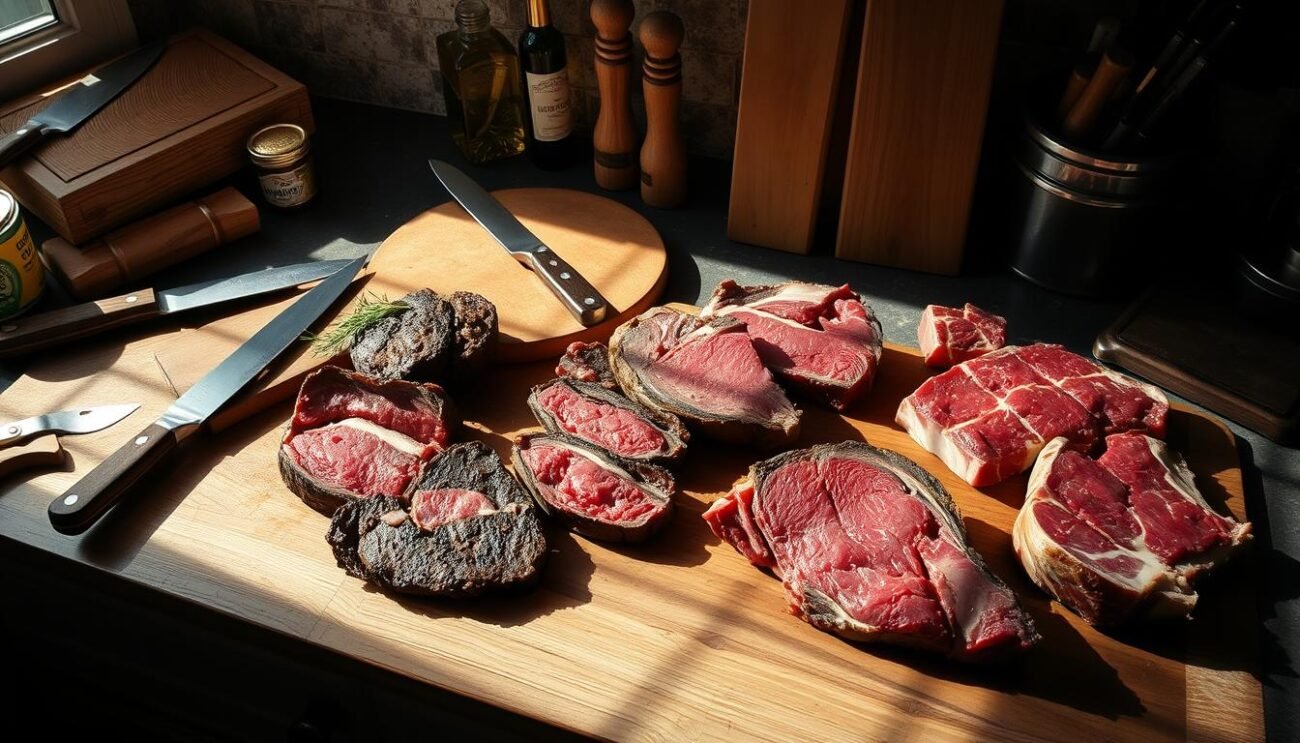 A dimly lit kitchen counter, wooden cutting boards and aged knives arranged in an artful display. Various lesser-known cuts of meat - flank steak, tri-tip, and hanger steak - laid out with care, their textures and colors revealing the diversity of the animal. Soft natural light filters in, casting shadows that accentuate the forms. The atmosphere is one of reverence and appreciation for these often overlooked, yet flavorful, meat varieties. The overall composition invites the viewer to explore and discover the hidden potential within these less celebrated "tagli carne". A dimly lit kitchen counter, wooden cutting boards and aged knives arranged in an artful display. Various lesser-known cuts of meat - flank steak, tri-tip, and hanger steak - laid out with care, their textures and colors revealing the diversity of the animal. Soft natural light filters in, casting shadows that accentuate the forms. The atmosphere is one of reverence and appreciation for these often overlooked, yet flavorful, meat varieties. The overall composition invites the viewer to explore and discover the hidden potential within these less celebrated "tagli carne".