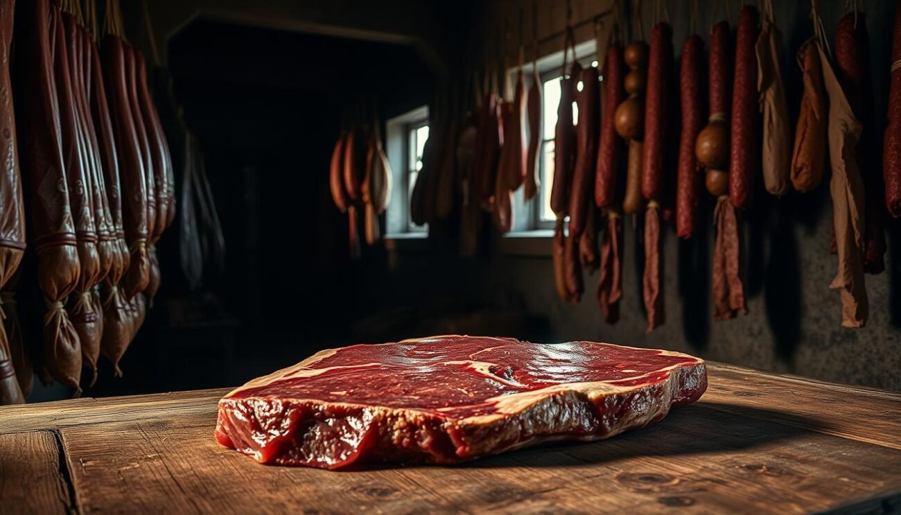 A dimly lit room, the air thick with the aroma of aging meat. In the foreground, a weathered wooden table holds a slab of rich, burgundy-hued beef, its surface glistening with the patina of time. Hanging in the background, rows of cured prosciutto and salami cast long shadows, their textures hinting at the painstaking process of stagionatura. Soft, raking light filters through narrow windows, casting a warm, golden glow that accentuates the earthy tones and natural imperfections of the aged meats. The scene evokes a sense of tradition, patience, and the fundamental alchemy of transforming raw ingredients into culinary masterpieces.