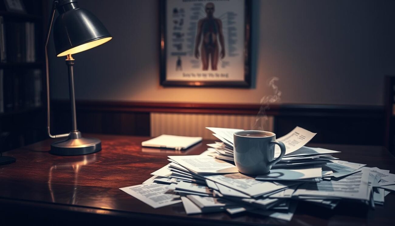 A dimly lit study, illuminated by the gentle glow of a desk lamp. On the mahogany table, a mug of steaming coffee stands alongside a scattered pile of documents, representing the interplay between cholesterol and stress. In the background, a framed medical diagram of the human circulatory system hangs on the wall, a silent witness to the ongoing battle. The scene conveys a sense of contemplation and the weight of managing these complex health factors.