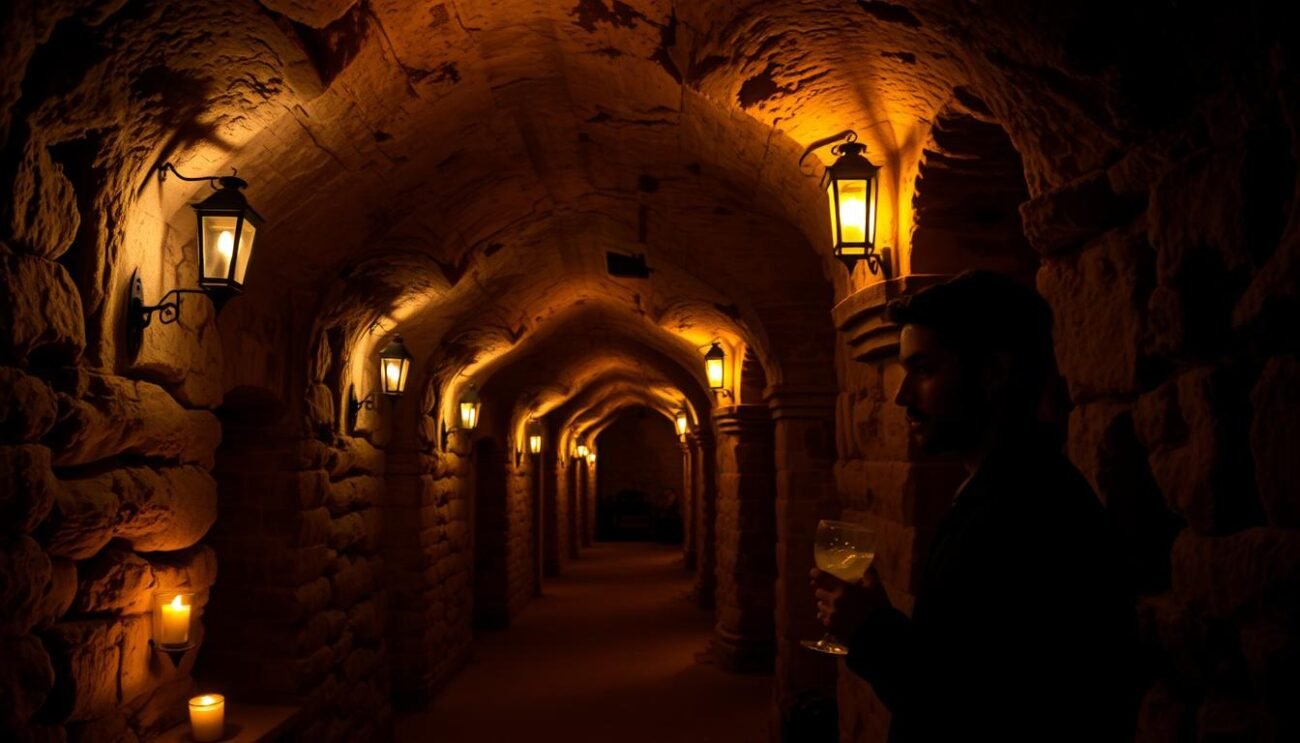 A dimly lit, underground passageway carved from ancient stone, illuminated by the warm glow of candles and lanterns. Arched ceilings, weathered columns, and intricate masonry details transport the viewer to a bygone era. Shadows dance across the walls, creating an atmosphere of mystery and timelessness. In the foreground, a lone figure sips a drinks, surrounded by the aroma of anise and the earthy notes of black truffle. The image conveys a sense of discovery, of exploring the hidden wonders that lie beneath the surface of the Marche region. A dimly lit, underground passageway carved from ancient stone, illuminated by the warm glow of candles and lanterns. Arched ceilings, weathered columns, and intricate masonry details transport the viewer to a bygone era. Shadows dance across the walls, creating an atmosphere of mystery and timelessness. In the foreground, a lone figure sips a drinks, surrounded by the aroma of anise and the earthy notes of black truffle. The image conveys a sense of discovery, of exploring the hidden wonders that lie beneath the surface of the Marche region.