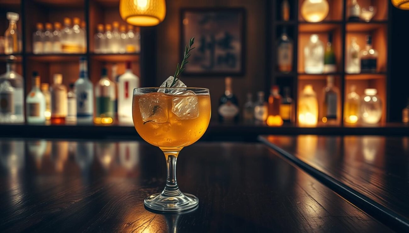 A dimly lit wooden bar counter with an artistic array of glassware and bottles, casting a warm, inviting glow. In the center, a beautifully crafted cocktail made with a golden baijiu spirit, infused with bright citrus notes from a splash of limoncello. Delicate ice crystals glisten on the glass's rim, while a subtle herbal garnish adds a touch of elegance. The overall scene evokes a fusion of Eastern and Western influences, creating a visually captivating and harmonious composition.
