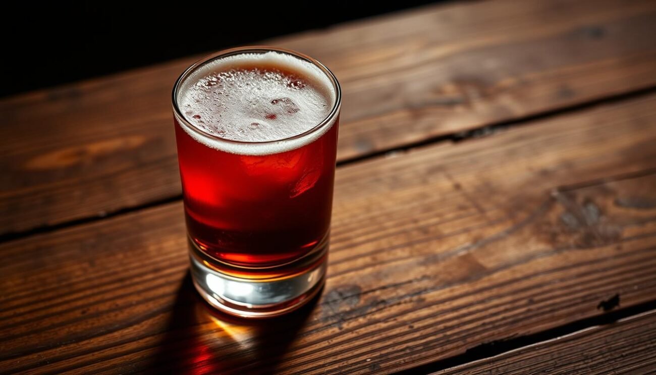A dramatic, high-contrast photograph of a meticulously crafted Negroni Invecchiato Rovere cocktail. The glass sits on a weathered, oak-wood surface, casting a warm, amber glow from the soft lighting. The deep, ruby-red liquid is crowned with a thin, ivory-colored foam, hinting at the rich, oaky flavors imparted by its 30-day maturation in a oak barrel. The scene conveys a sense of timeless elegance and refined, Italian sophistication.