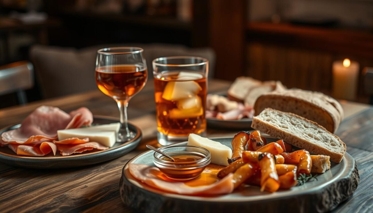 A finely crafted glass of grappa barricata old fashioned, perched atop a rustic wooden table, surrounded by an array of gourmet pairings. In the foreground, a plate showcases a selection of cured meats, artisanal cheeses, and crusty bread, expertly arranged to complement the rich, oak-aged spirit. The middle ground features a small bowl of honey, a drizzle of which adds a touch of sweetness to the bold, complex flavors. In the background, a cozy, dimly lit environment sets the mood, with soft, warm lighting casting a gentle glow over the scene. The overall composition evokes a sense of sophistication and indulgence, inviting the viewer to savor the perfect marriage of traditional Italian grappa and modern culinary delights.